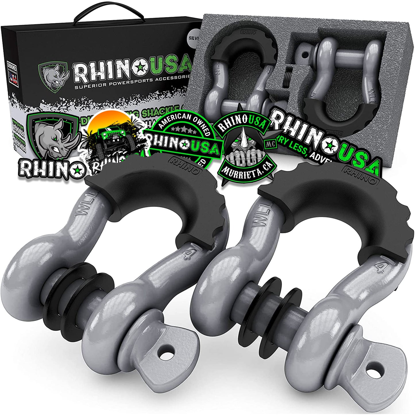 Rhino USA D Ring Shackles (2-Pack) - 41,850lb Break Strength – Heavy Duty 3/4" Clevis Shackle with 7/8 Pin for Towing & Off-Road Use - Pairs with Tow Strap for Vehicle Recovery (Black)