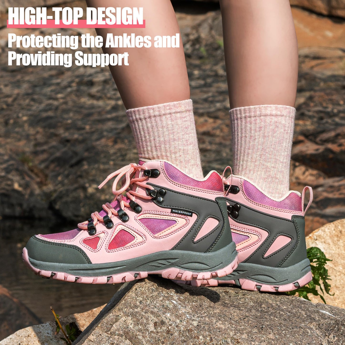 R CORD Kids Hiking Boots Waterproof Durable TPR Traction Outsole Anti-Skid Athletic Lace Up Hiking Shoes for Outdoor Adventure