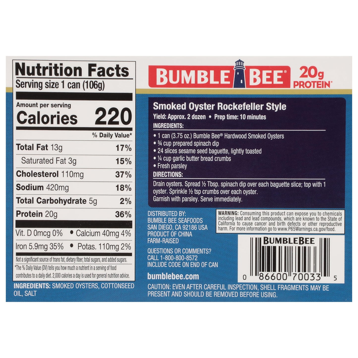 Bumble Bee Hot & Spicy Hardwood Smoked Oysters, 3.75 oz Tin (Pack of 12) - 20g Protein per Serving, Gluten Free, Keto