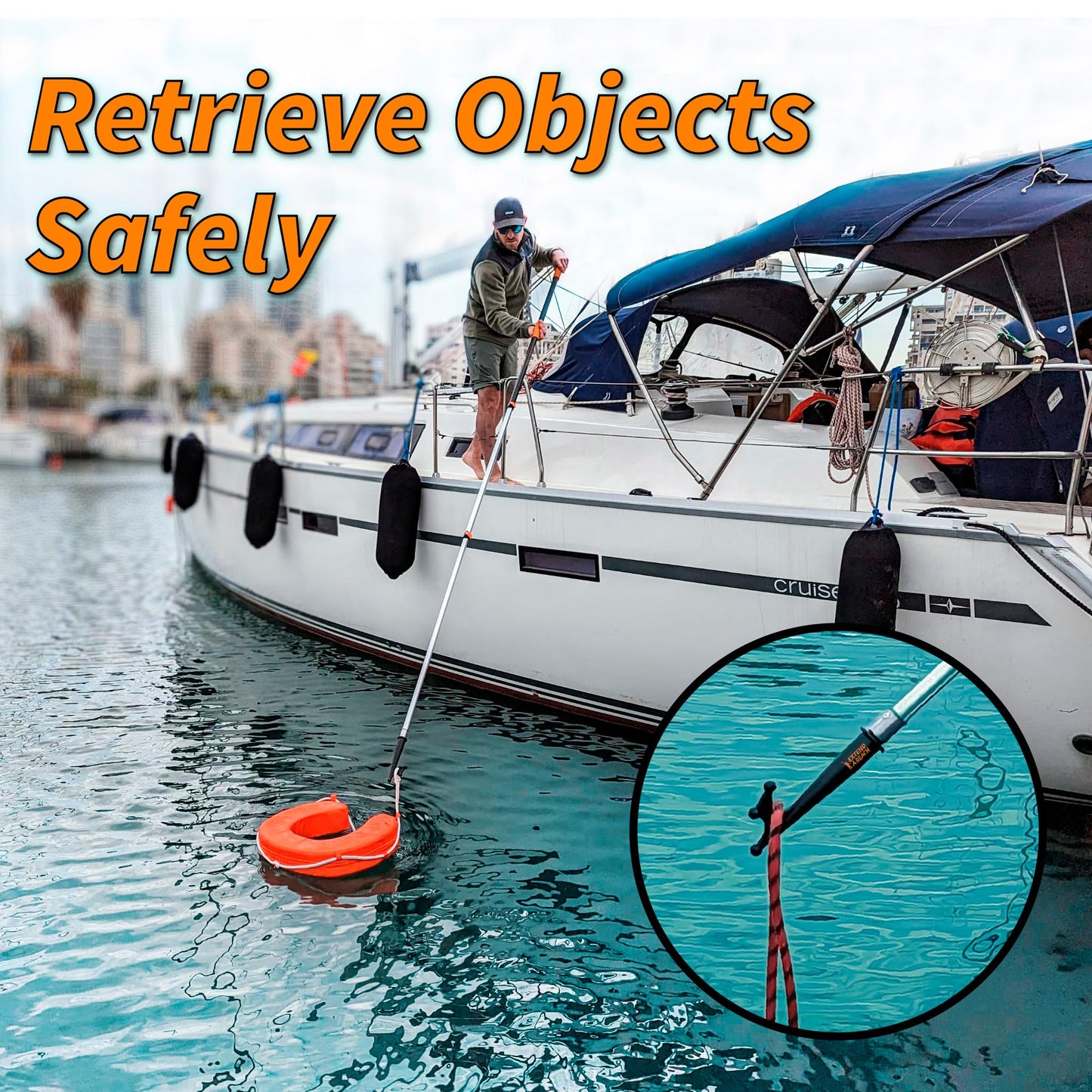 Telescoping Boat Hook Pole for Docking // 5-12 ft Extension Push Pole for Boating // Aluminium Dock Pole with Hook // Multi-Purpose Telescopic Pole: Non-Slip, Durable, Floating, Lightweight & Sturdy