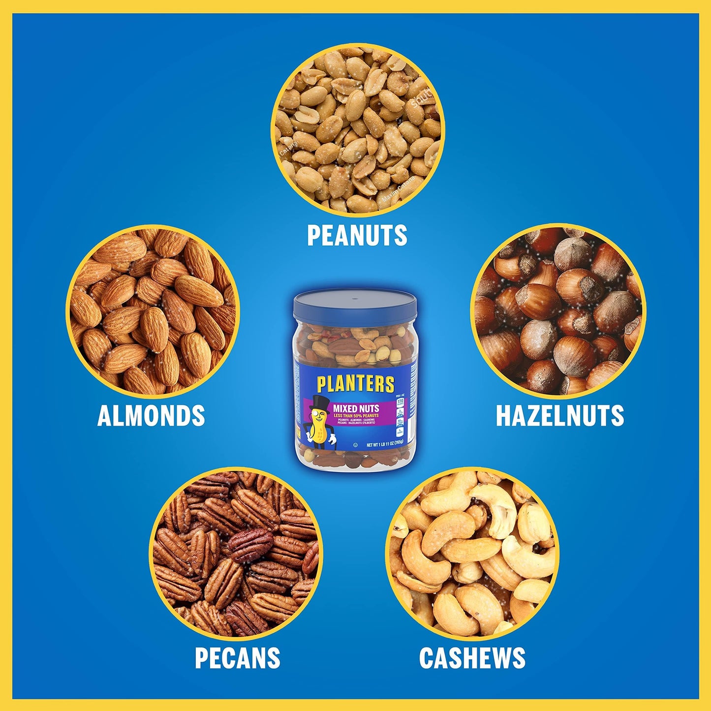 PLANTERS Deluxe Mixed Nuts, Cashews, Almonds, Pecans, Pistachios, Hazelnuts, Roasted with Sea Salt, Party Snacks, Plant-Based Protein Nut Mix, Snacks for Adults, After School Snack Mix, 27oz
