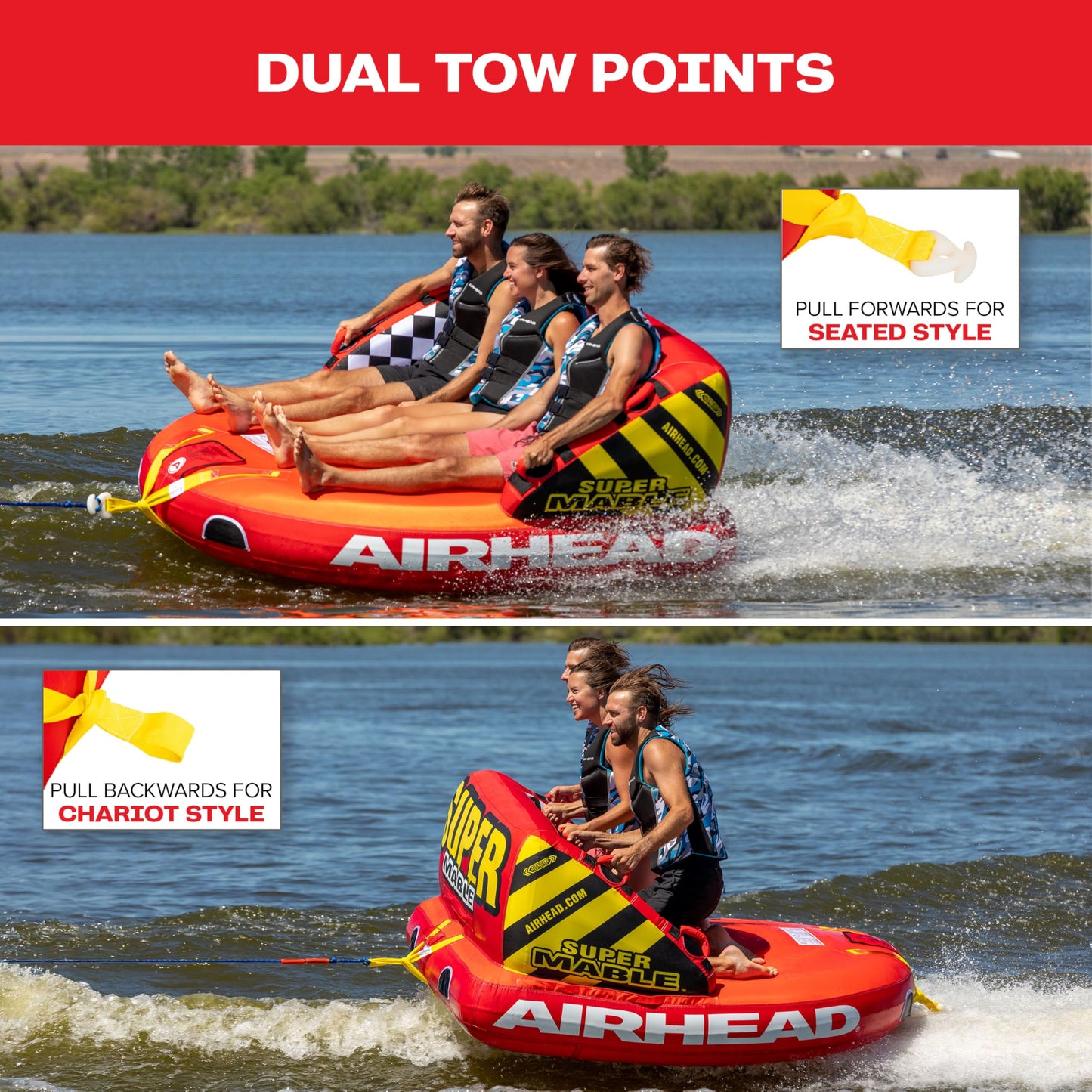 Airhead Super Mable Towable Tube | 1-3 Rider Towable Tube for Boating and Water Sports | Dual Tow Points | Full Nylon Cover | EVA Foam Pads | Patented Speed Valve | Boat Tubes and Towables