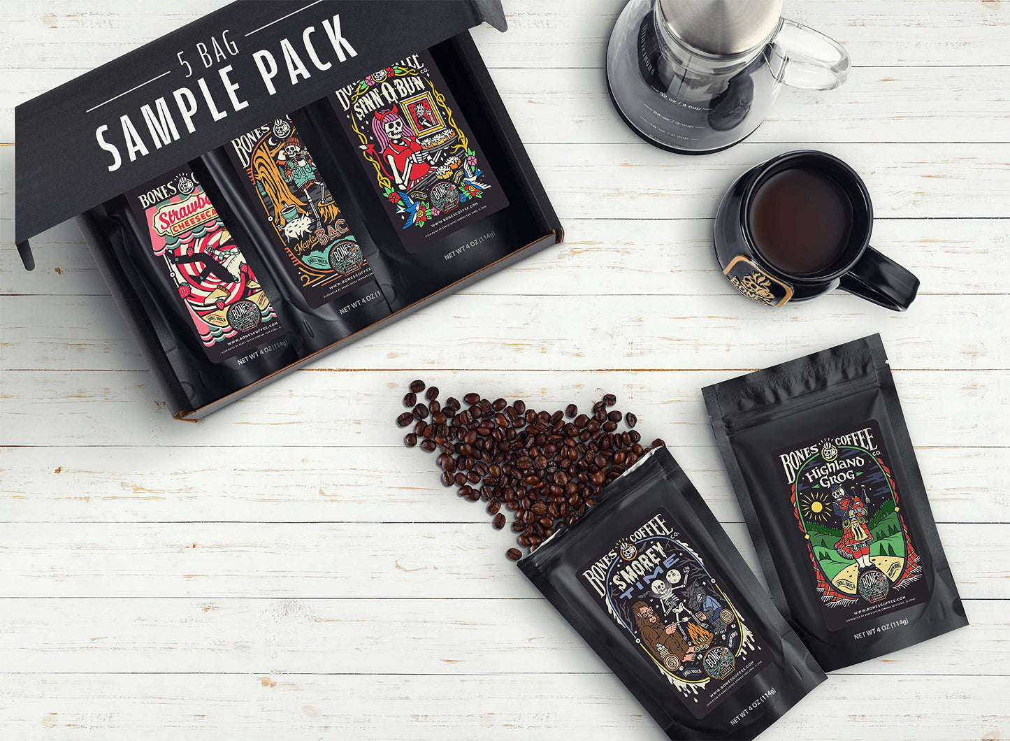 Bones Coffee Company World Tour Coffee Gift Set, 5 Packs Flavored Coffee, Medium Roast Low Acid, 4 Oz Ground