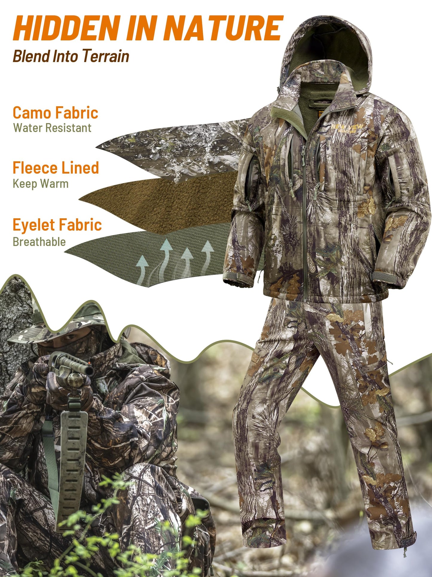 NEW VIEW Camo Clothes for Men, Winter Warm Hunting Jacket and Pants, Fleece Lined Suit for Deer Duck Bow Hunts