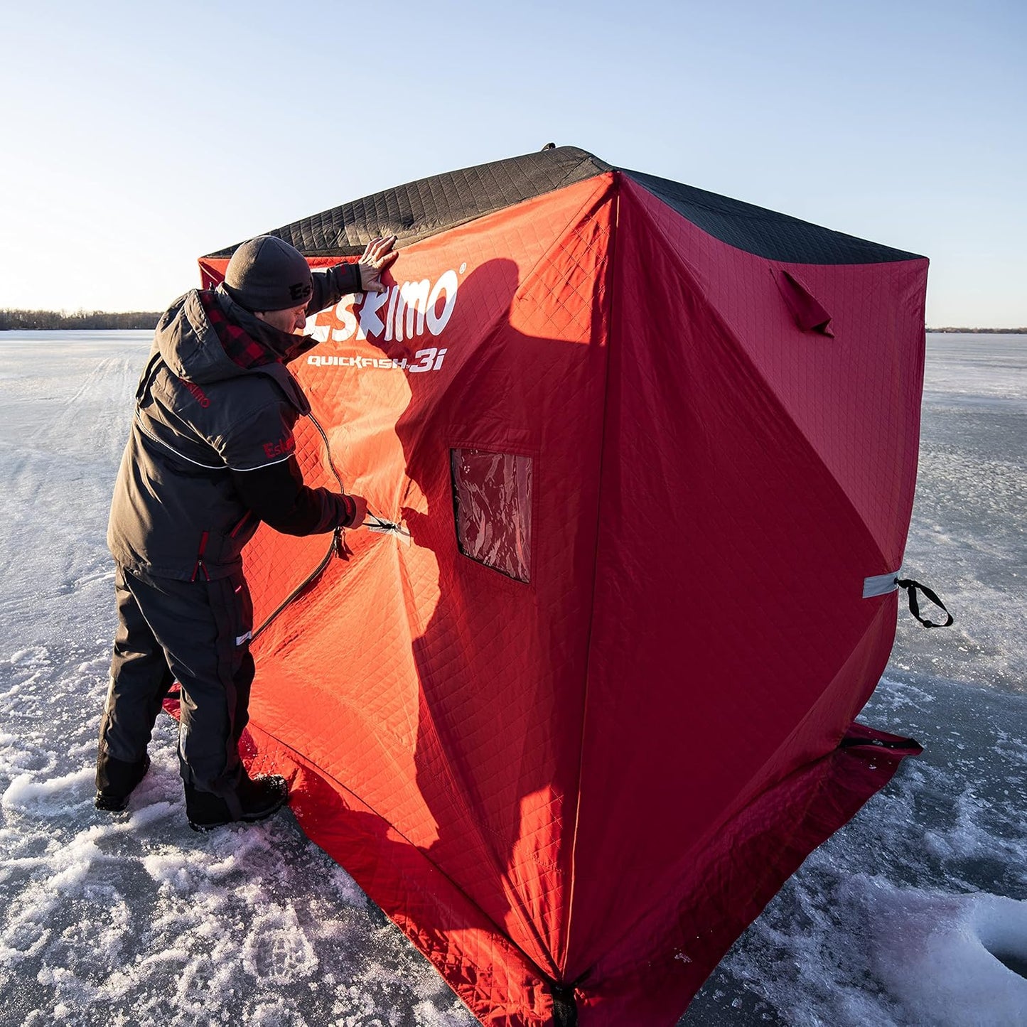 Eskimo 69445 Quickfish 3i Insulated Pop-Up Portable Hub-Style Ice Fishing Shelter, 34 Square Feet of Fishable Area, 3 Person Shelter, Red