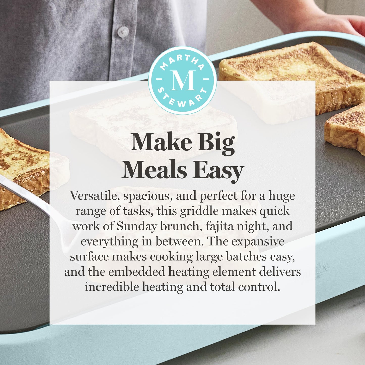 Martha Stewart 12” x 22” Electric Griddle, XL Ceramic Nonstick Flat Top Cooking Surface, Adjustable Temperature Dial, Drip Tray, Dishwasher Safe, 1500W Fast Even Heating, Pancakes & Eggs, Linen White