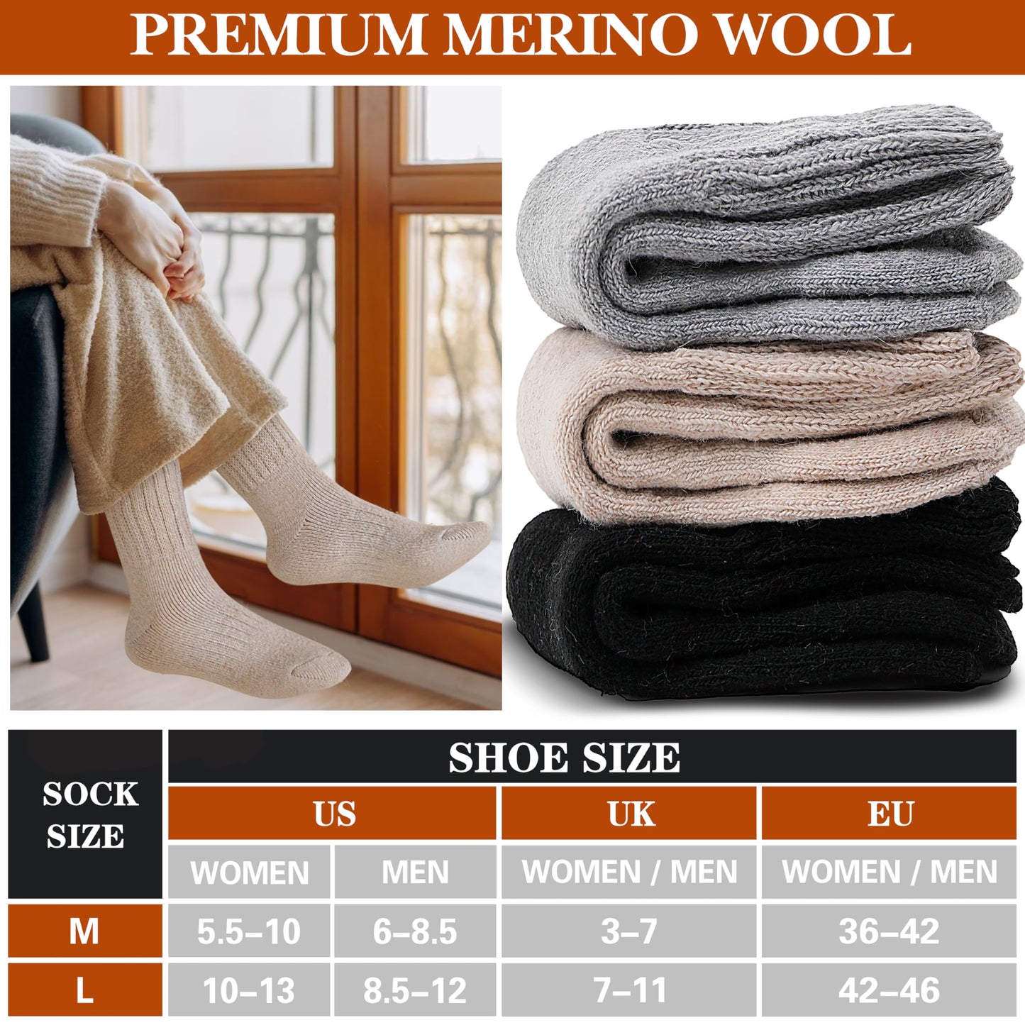 Merino Wool Thermal Boot Socks for Men Women Winter Warm Thick Cozy Hiking Christmas Stocking Stuffers Socks 3 Pairs(Black/Grey/Beige,M)