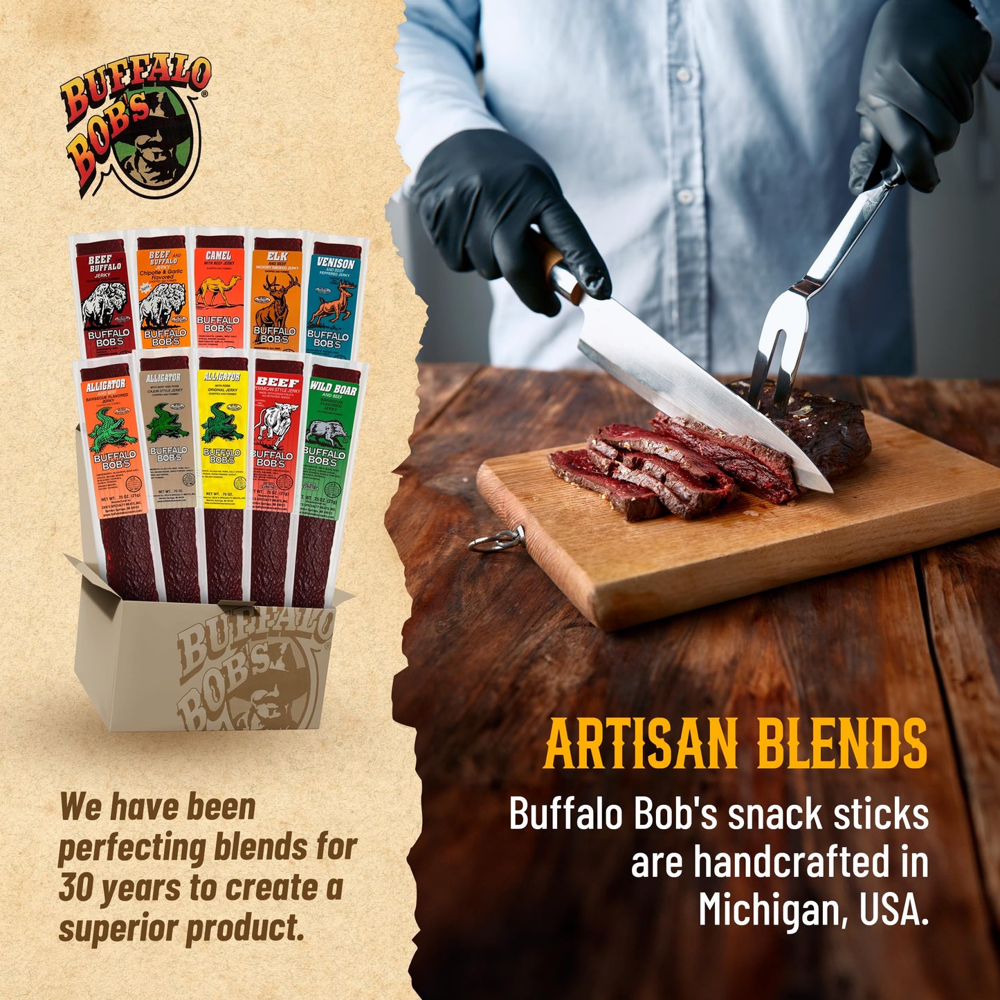 Buffalo Bob's Exotic Jerky (10-Pack), 10 Flavor Variety Pack of Snack Sticks, Wild Game Beef Gifts for Men