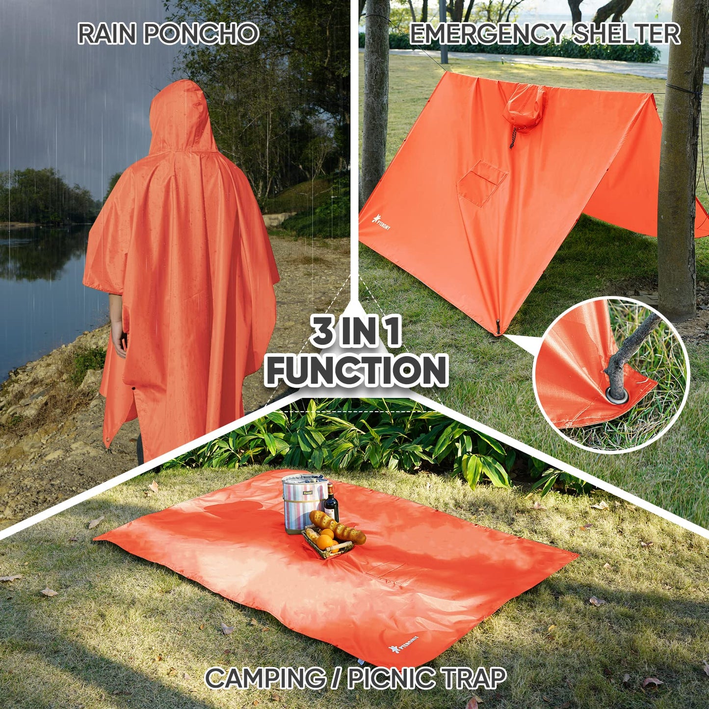 PTEROMY Hooded Rain Poncho for Adult with Pocket, Waterproof Lightweight Unisex Raincoat for Hiking Camping Emergency