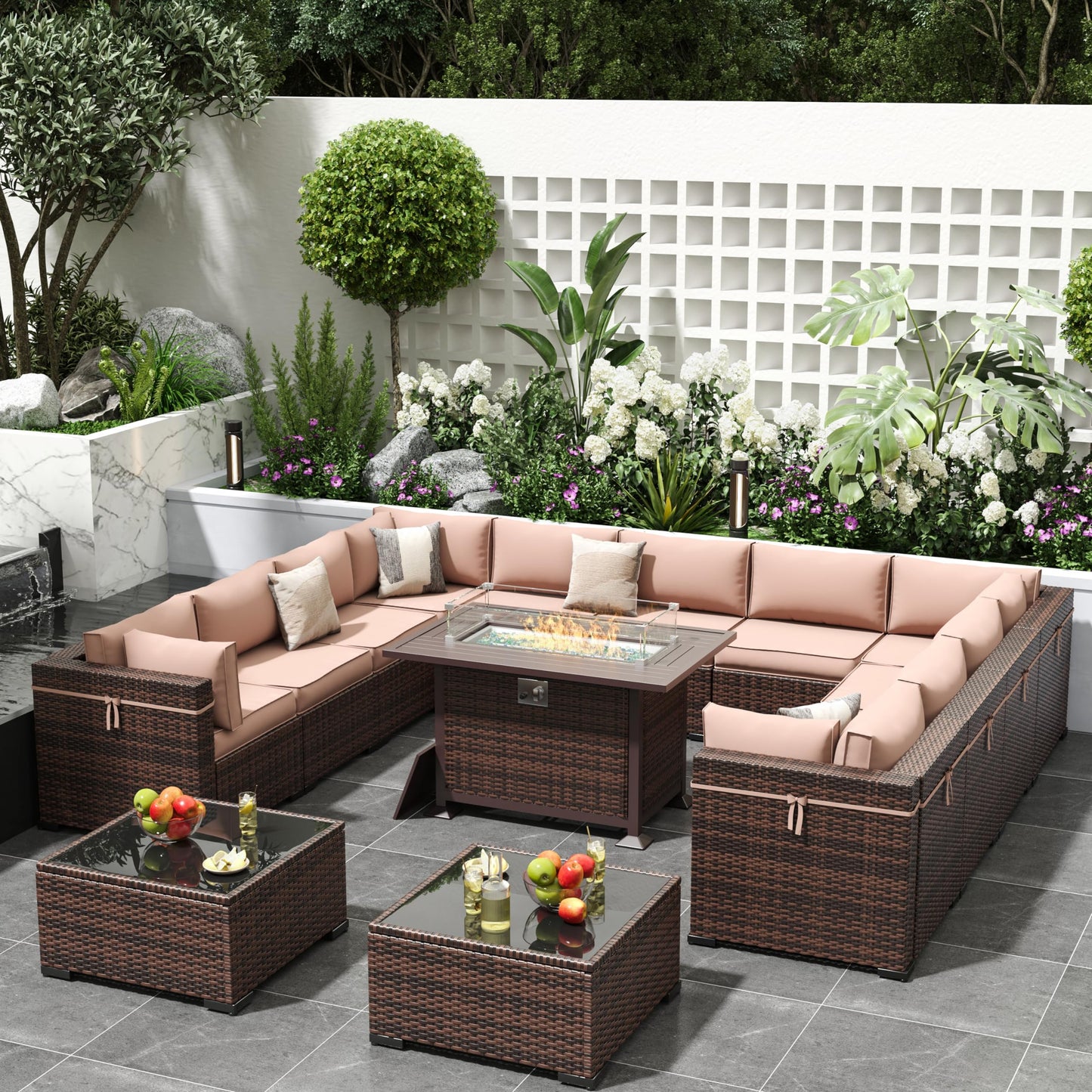 Amopatio Patio Furniture Sets, 7 Pieces Outdoor Rattan Sectional Sofa Set with Glass Table and Cushions, Wicker Patio Conversation Set for Outdoor Indoor Backyard Lawn Garden Porch (Grey)