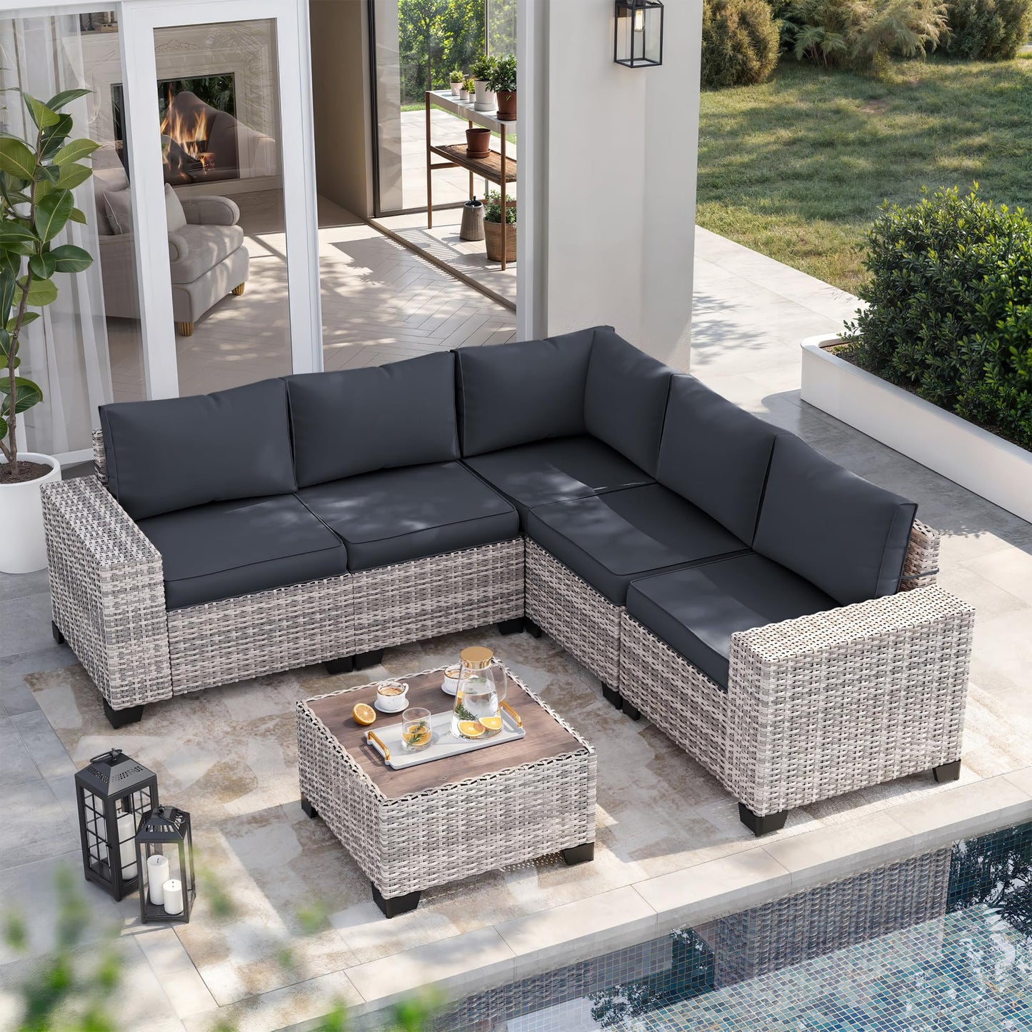 6-Piece Outdoor Patio Furniture Set Wicker Sectional Sofa Set, Patio Conversation Set with Thickened Cushions & Coffee Table for Garden, Backyard, Poolside, Beige