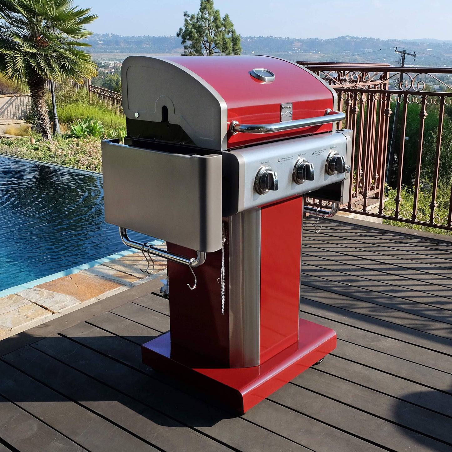 Kenmore 3-Burner Propane BBQ Grill, 30,000 BTUs Gas Grill with Cast Iron Cooking Grates, Folding Side Tables & Wheels, Outdoor Grill with Tool Hooks, Azure Blue