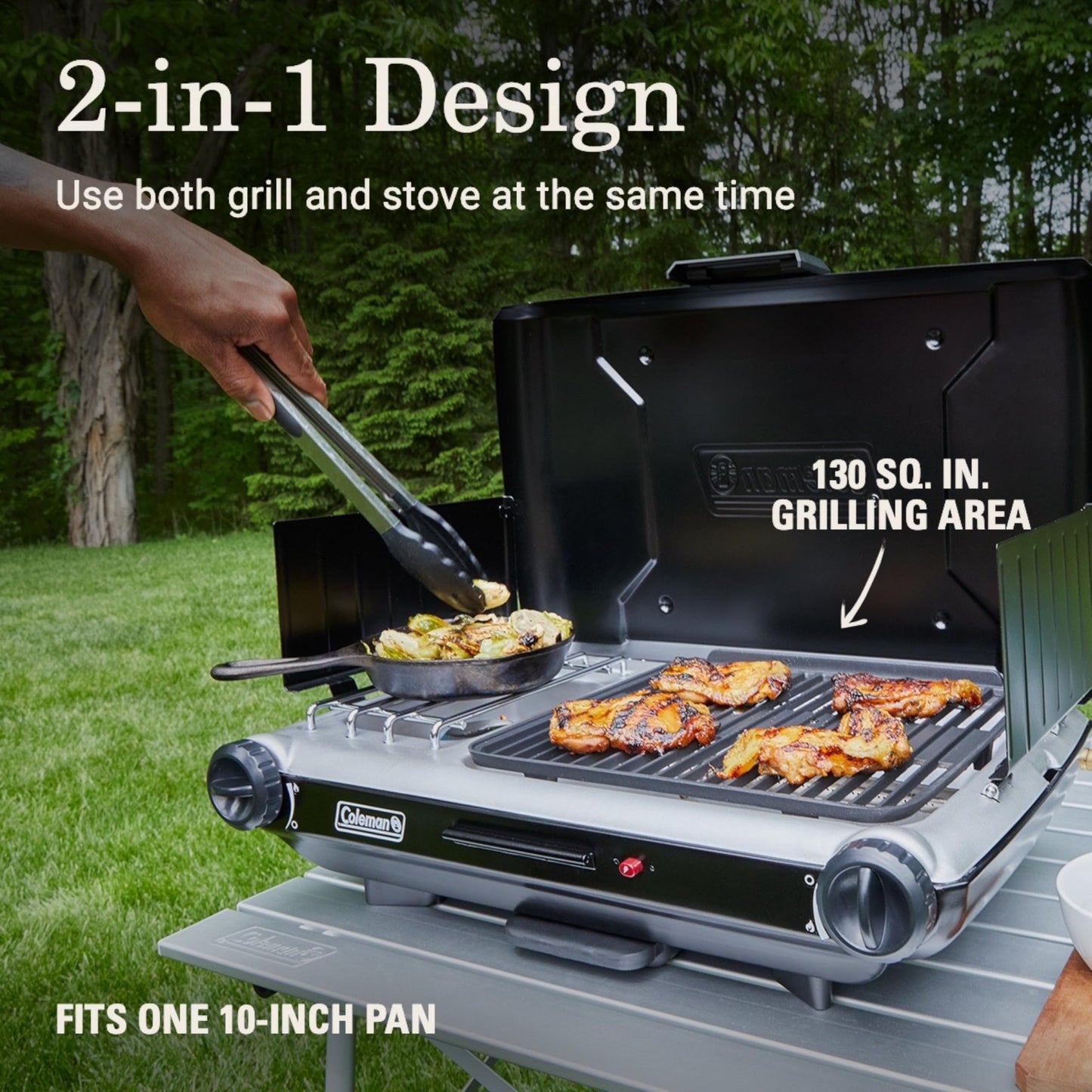 Coleman Tabletop 2-in-1 Grill & Stove with 2 Adjustable Burners, Propane Grill/Stove with Push-Button Starter, Wind Guards, Grease Tray, & 20,000 BTUs of Power for Camping, Tailgating, & More