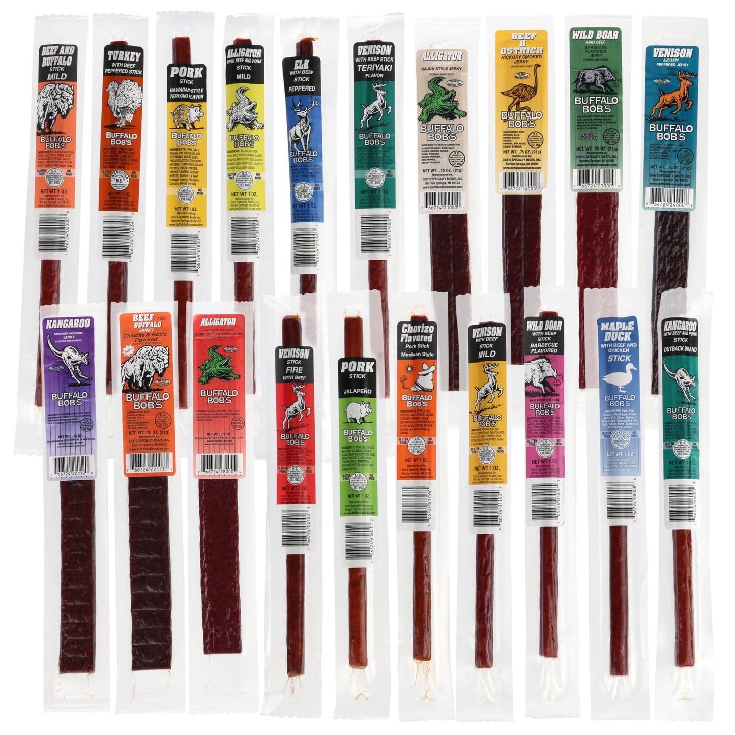 Buffalo Bob's Exotic Jerky Set- Staff Favorite 20 Piece Assortment: Alligator, Buffalo, Venison, Wild Boar, Duck, Elk - BBQ, Cajun, Peppered, Teriyaki