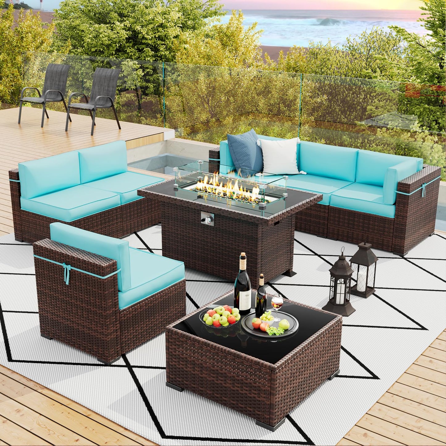 Amopatio Patio Furniture Sets, 7 Pieces Outdoor Rattan Sectional Sofa Set with Glass Table and Cushions, Wicker Patio Conversation Set for Outdoor Indoor Backyard Lawn Garden Porch (Grey)