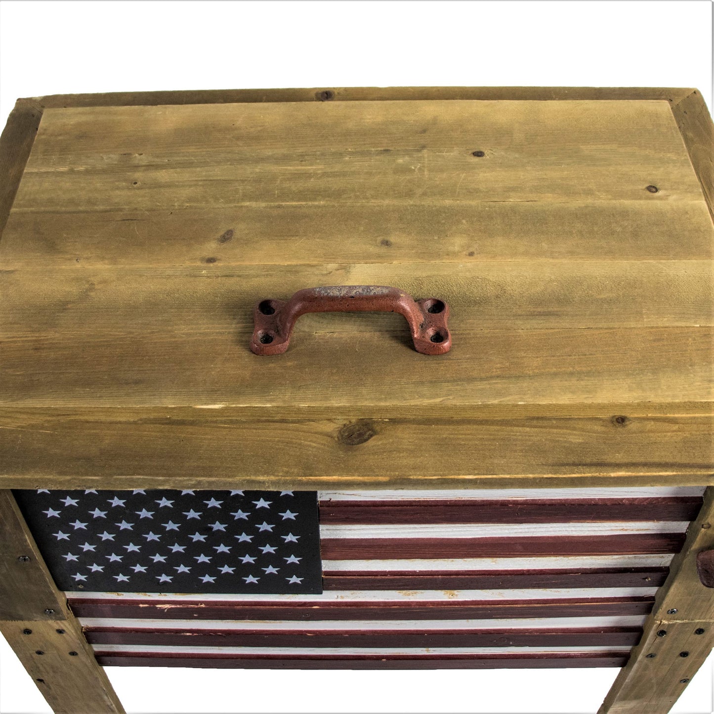 Backyard Expressions Wooden Patio Cooler with Plastic Insulated Liner & Bottle Opener – Rustic Outdoor Ice Chest for Deck, Porch, or Backyard Parties (2025 Flag)