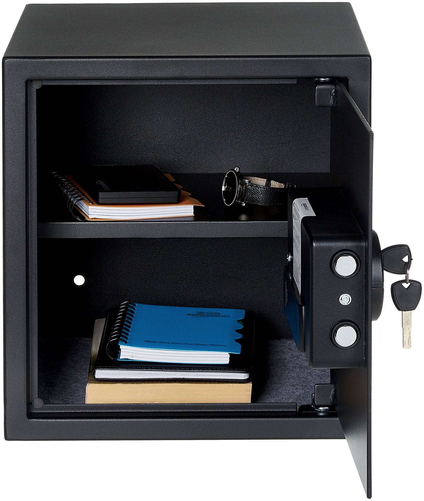 Amazon Basics Steel Home Security Safe with Electronic Keypad, Programmable Combination Lock for Documents, Jewelry, Valuables, Removable Shelf, 1.52 Cubic Feet, Black, 13.8"W x 13"D x 16.5"H