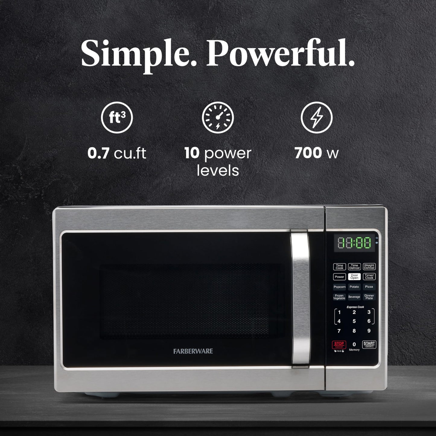 Farberware Countertop Microwave 700 Watts, 0.7 Cu. Ft. - Microwave Oven With LED Lighting and Child Lock - Perfect for Apartments and Dorms - Easy Clean Stainless Steel