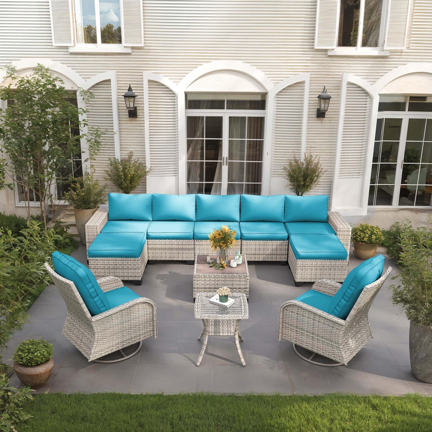 6-Piece Outdoor Patio Furniture Set Wicker Sectional Sofa Set, Patio Conversation Set with Thickened Cushions & Coffee Table for Garden, Backyard, Poolside, Beige