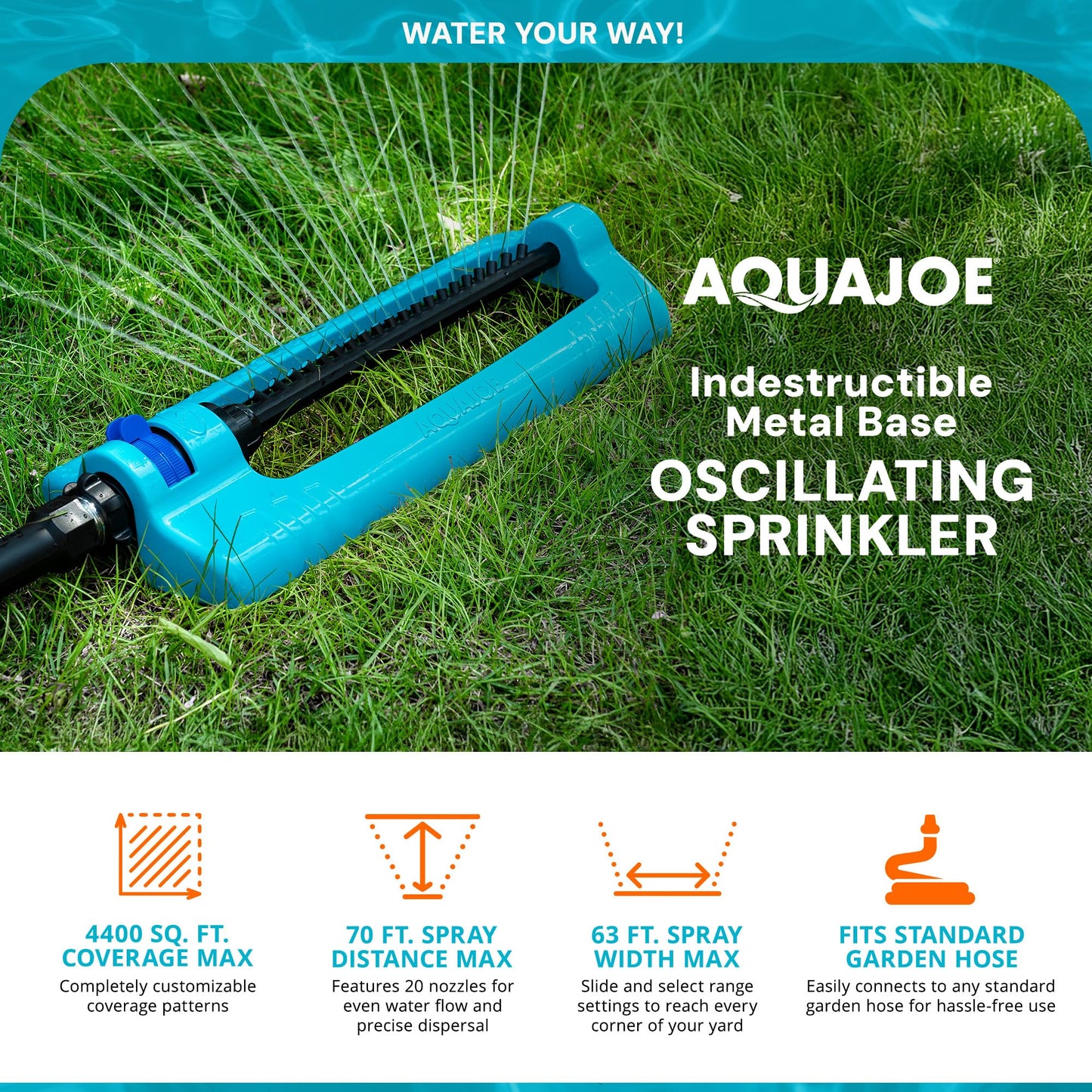 Aqua Joe SJI-OMS16 Indestructible Metal Base Oscillating Sprinkler with Adjustable Spray, 3600-Square Foot Coverage