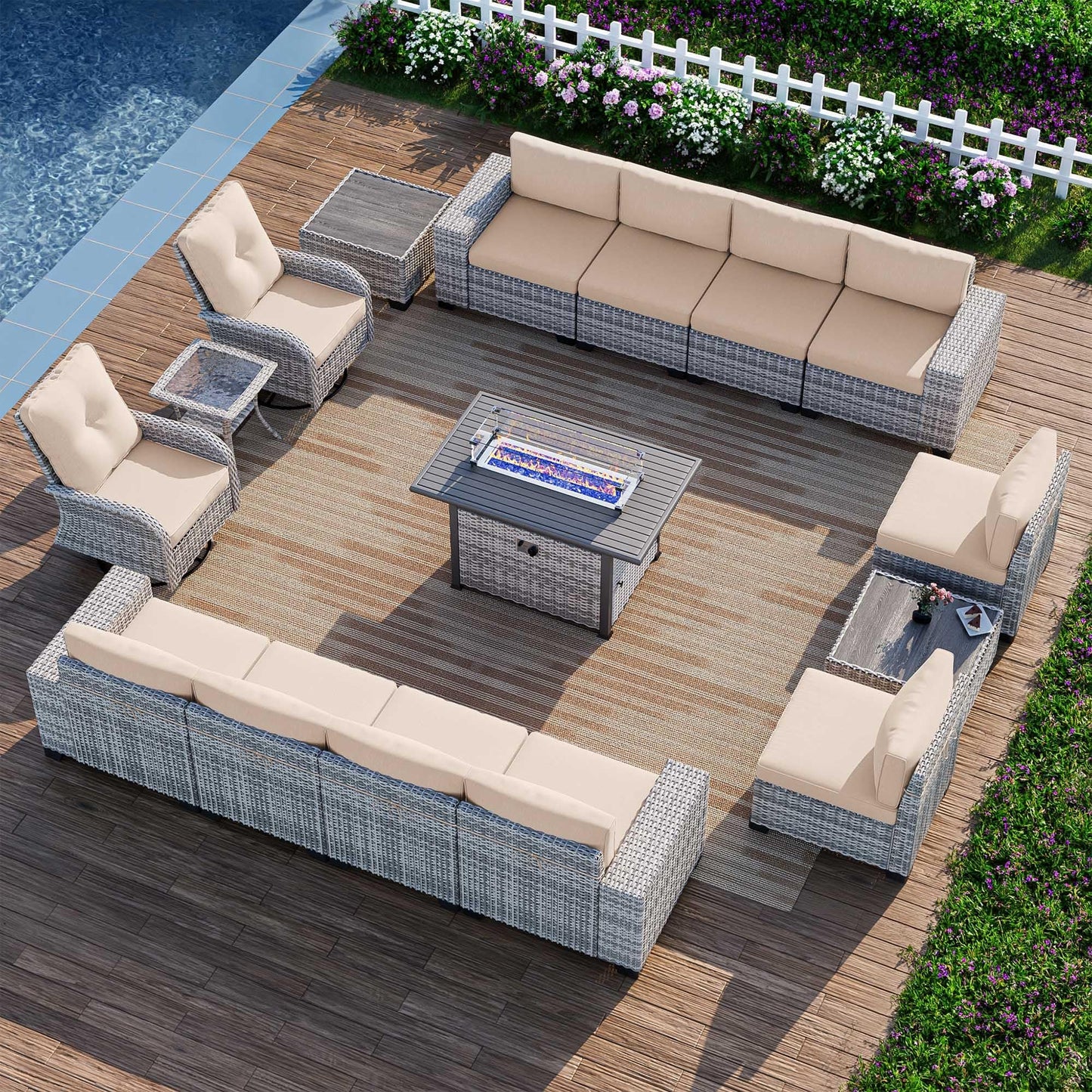 6-Piece Outdoor Patio Furniture Set Wicker Sectional Sofa Set, Patio Conversation Set with Thickened Cushions & Coffee Table for Garden, Backyard, Poolside, Beige