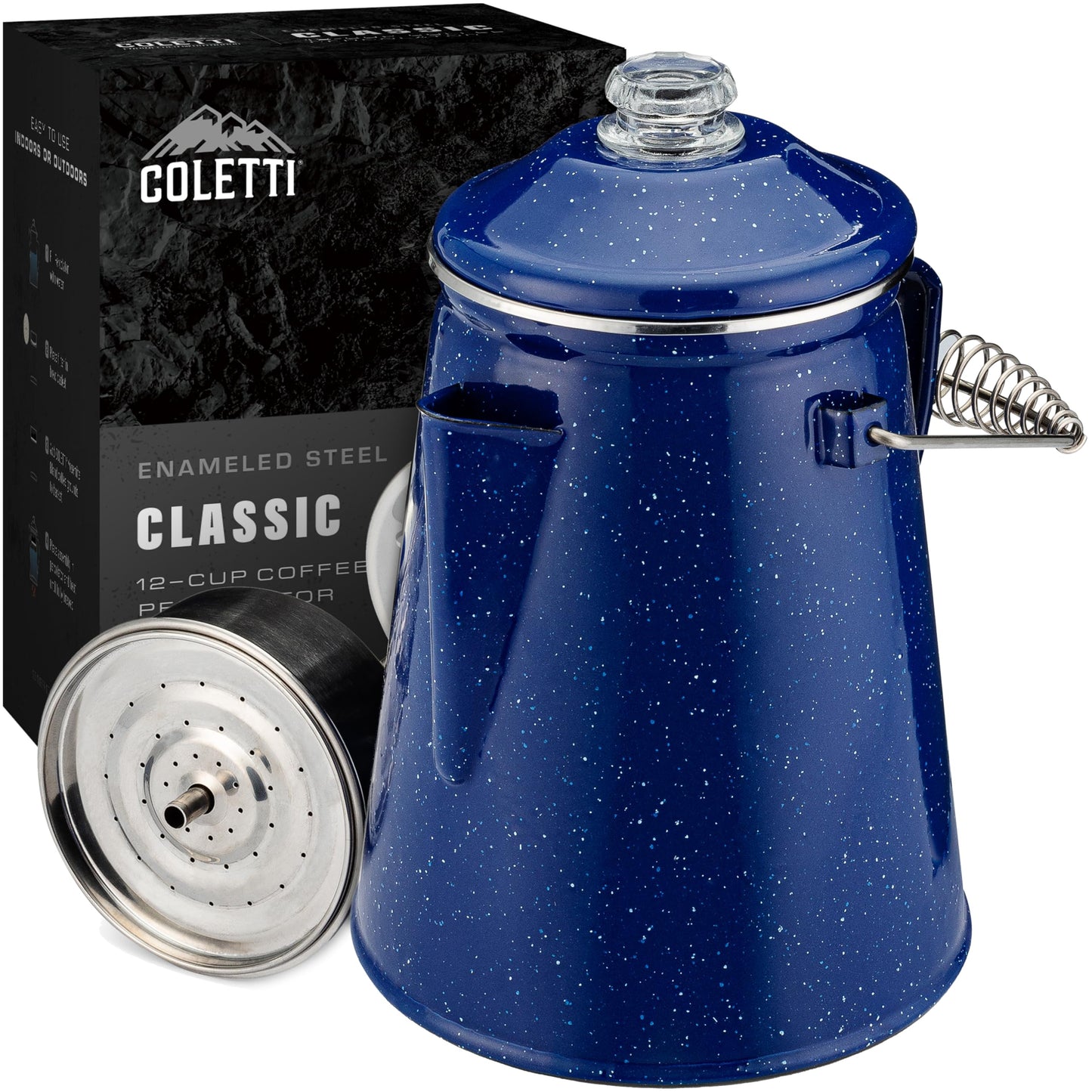 COLETTI Classic Percolator Coffee Pot — Coffee Percolator, Camping Kettle – The Original Camping Coffee Pot, Now Modernized – For Campsite Brewmasters Everywhere [Black Enamel, 12 Cup]