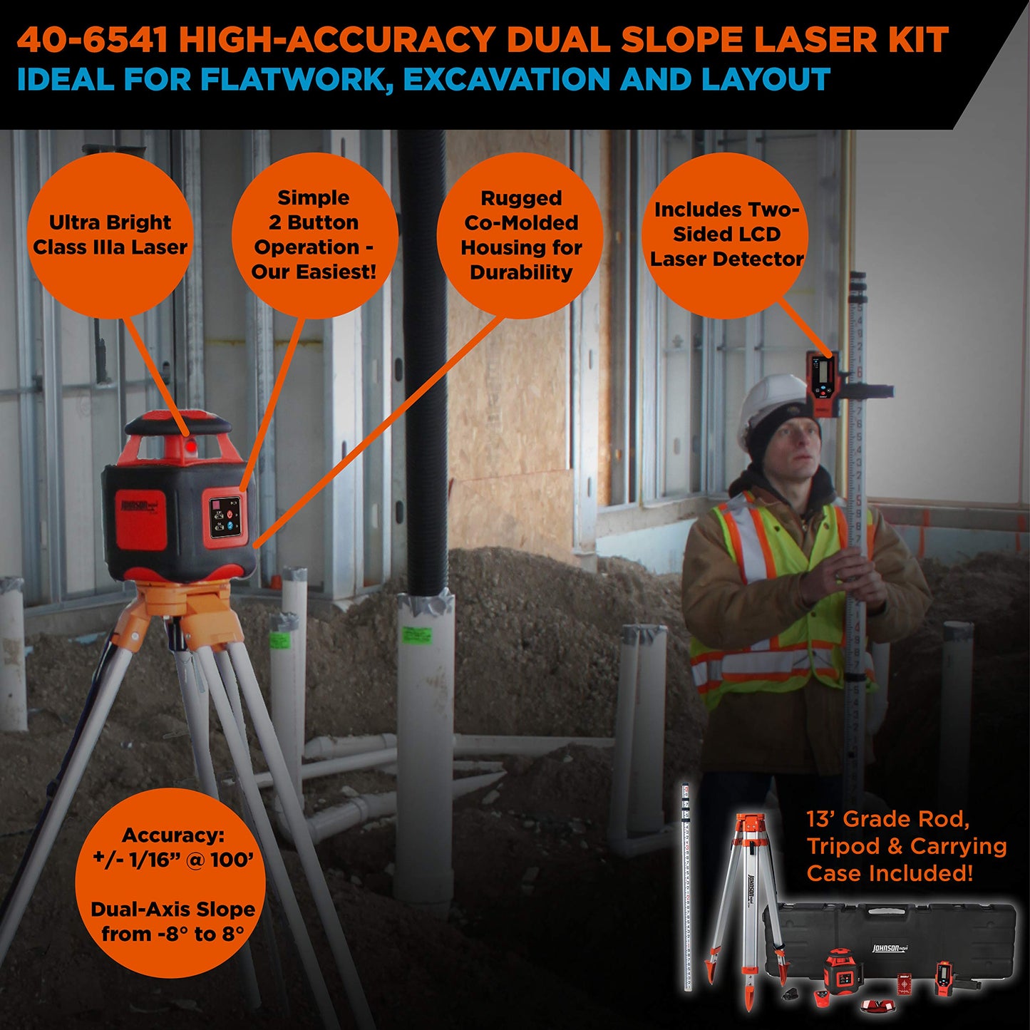 Johnson Level & Tool 99-028K Electronic Self-Leveling Dual Slope Horizontal/Vertical Rotary Laser System, Red, 1 Kit