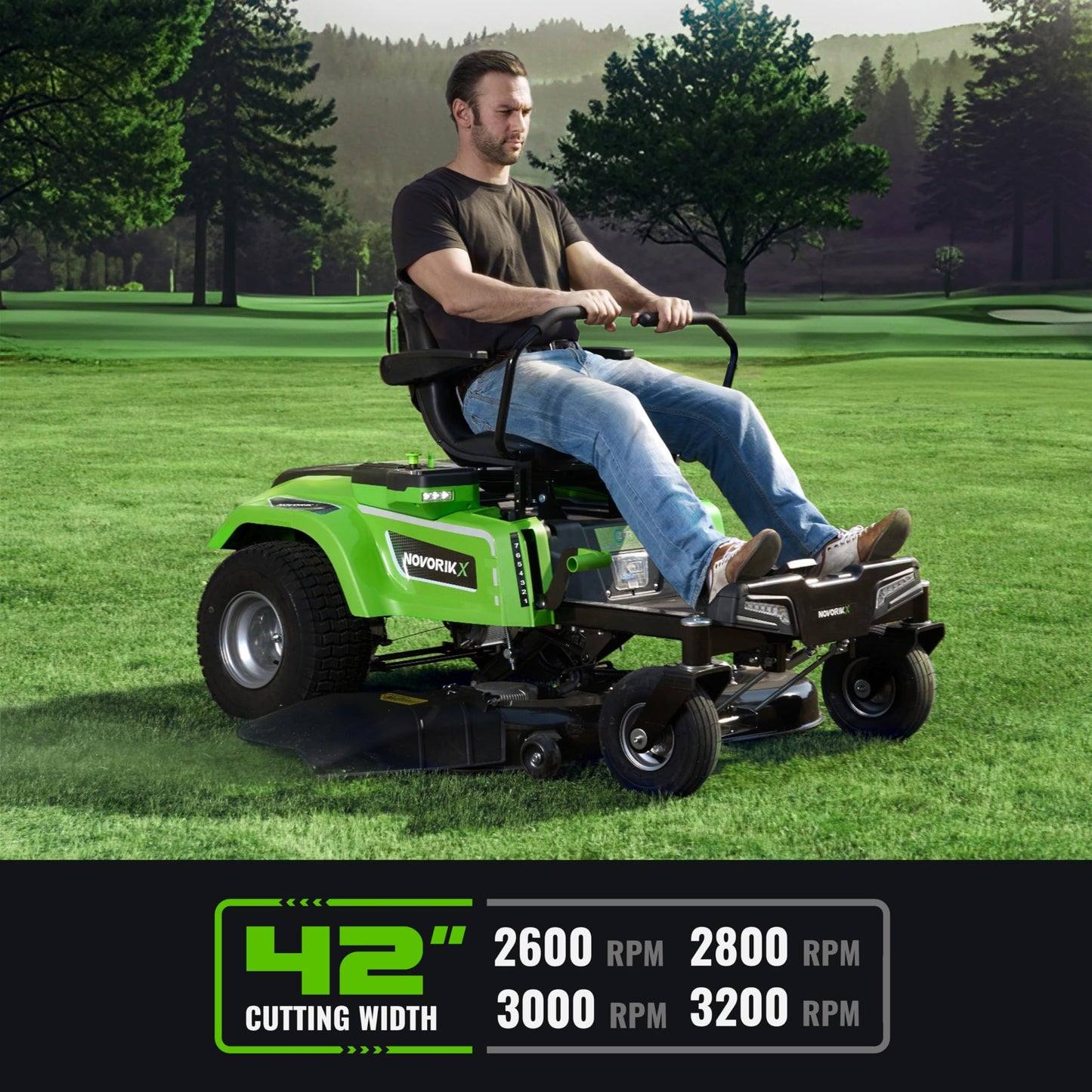 NovorikX 54V 42'' Cordless Electric Riding Lawn Mower, Zero Turn Lawn Mower with 4 * 10AH Batteries and Plug in Charger for Large Yard