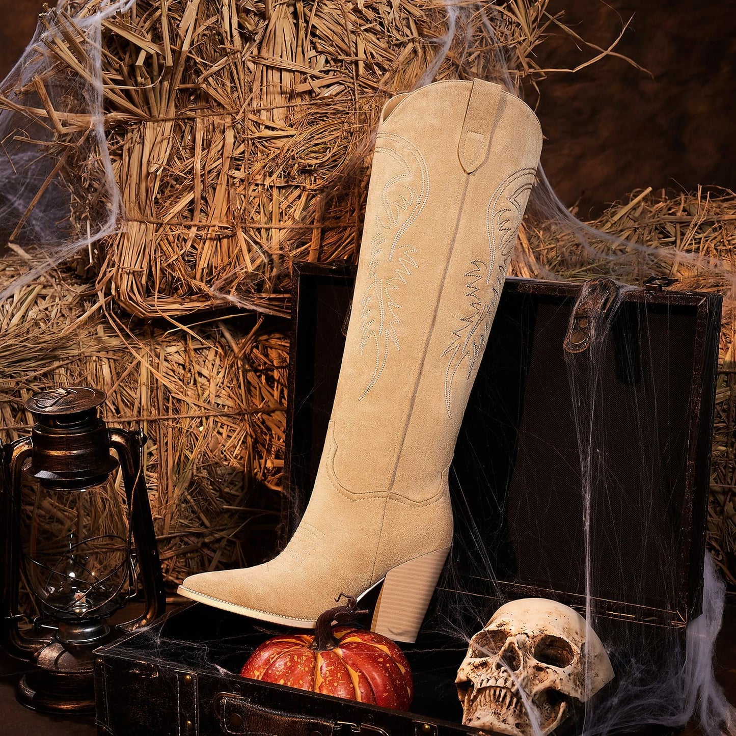 ISNOM Women's Cowgirl Boots Pull On Knee High Boots, Cowboy Western Embroidered Chunky Block Heel Pointed Toes Boots