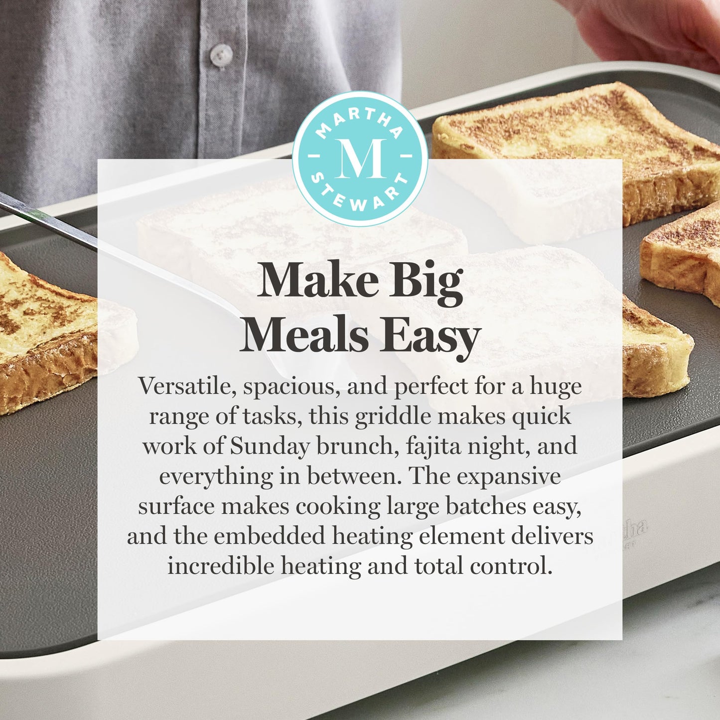 Martha Stewart 12” x 22” Electric Griddle, XL Ceramic Nonstick Flat Top Cooking Surface, Adjustable Temperature Dial, Drip Tray, Dishwasher Safe, 1500W Fast Even Heating, Pancakes & Eggs, Linen White