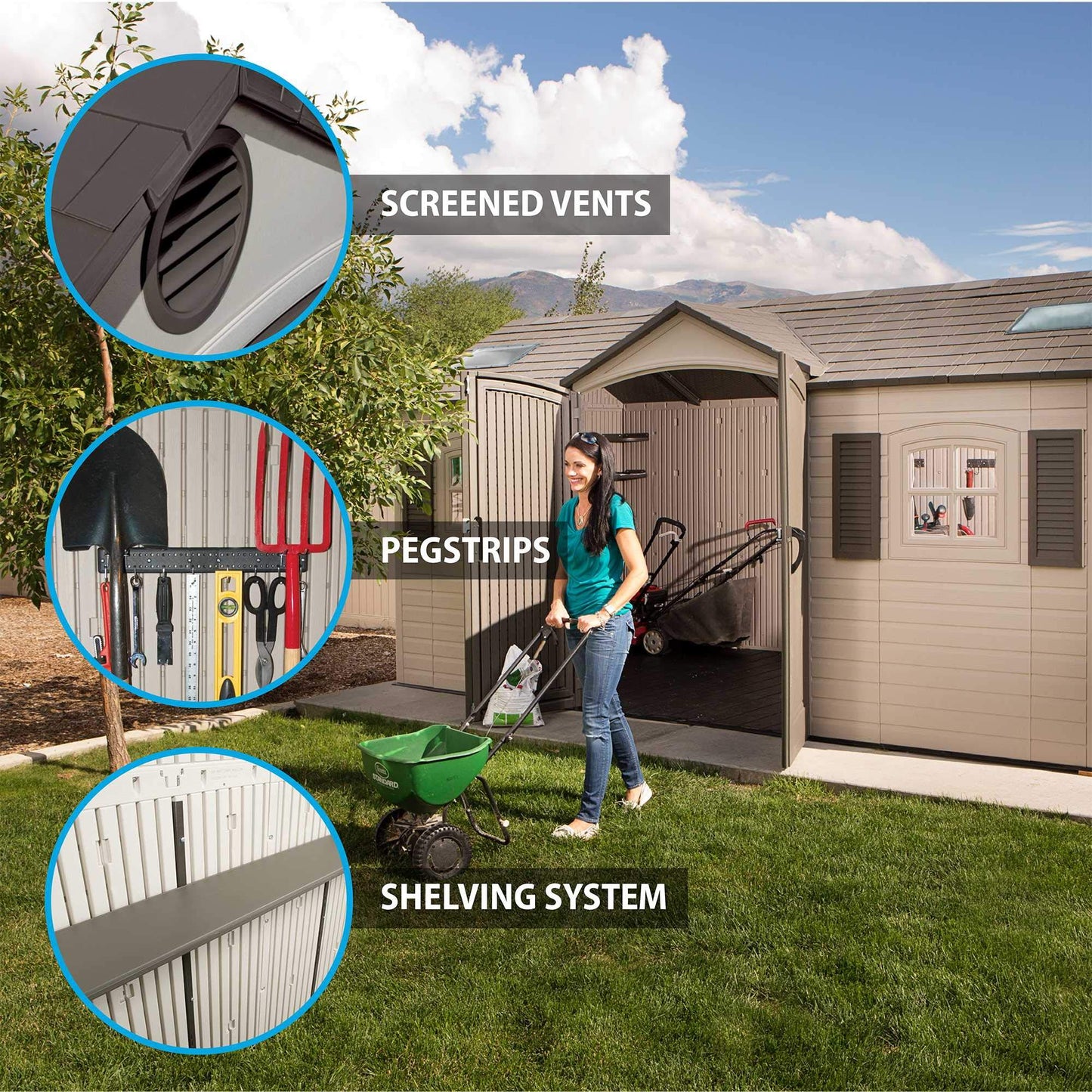 Lifetime 60079 Outdoor Storage Dual Entry Shed, 15 x 8 ft, Desert Sand