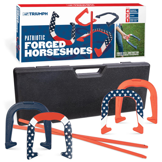 TRIUMPH SPORTS USA Patriotic Forged Horseshoe Set Complete with 4 Horseshoes, 2 Stakes and Hard Plastic Case with Locking Tabs for Transportation and Storage