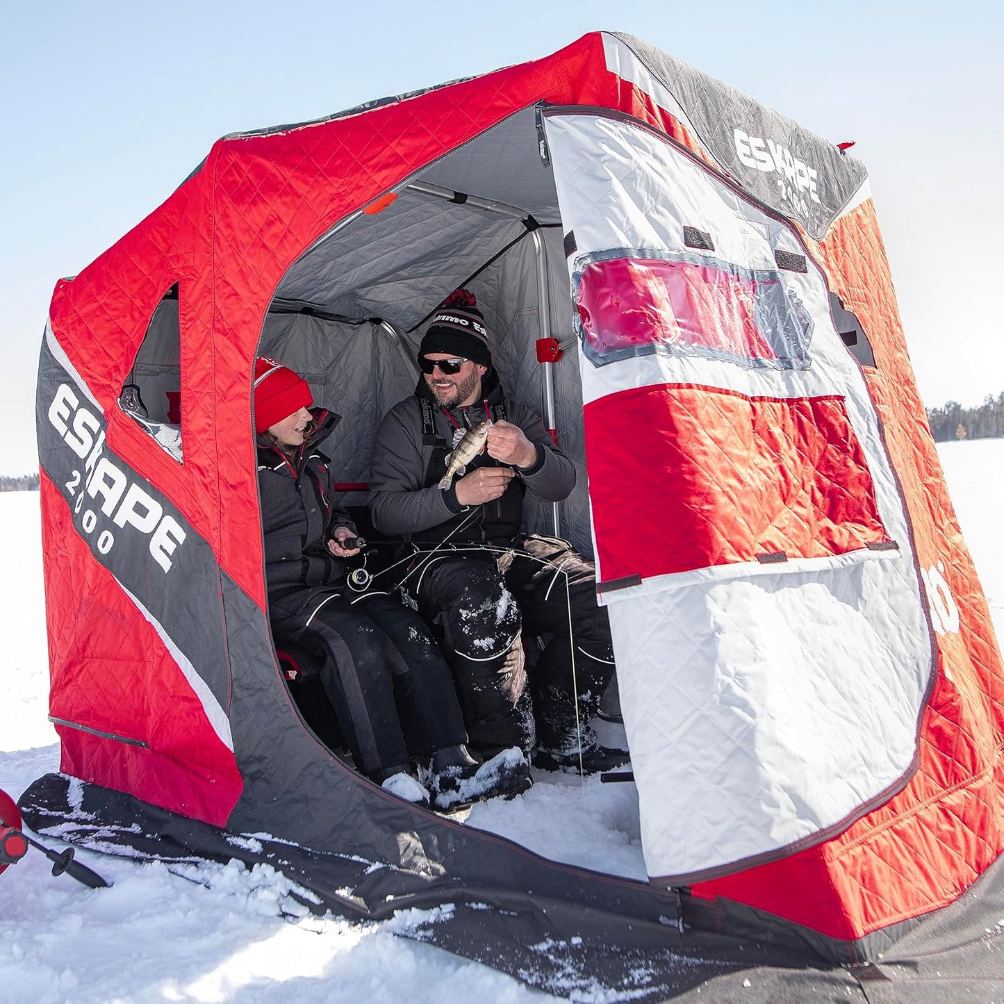 Eskimo Eskape 2000, Flip-Style Sled Ice Fishing Shelter, Insulated, Red/Black, 1-2 Person Capacity, Two Person Versatile Bench Seat, Gray Interior, 44100