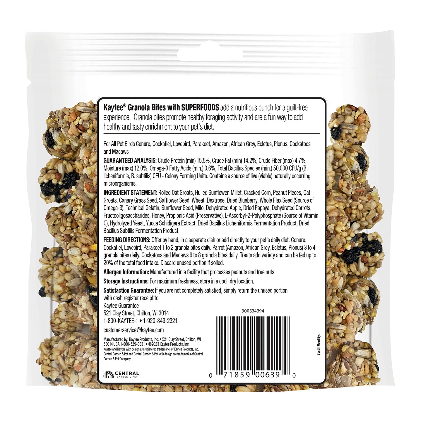 Kaytee Granola Bites with Super Foods Spinach and Kale for Pet Birds, Conure, Cockatiel, Lovebird, Parakeet, Amazon, African Grey, Ecletus, Pionus, Cockatoos and Macaws, 4.50 Ounce (Pack of 1)