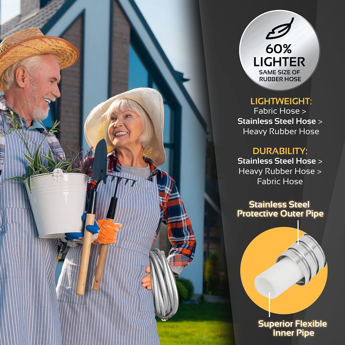 Garden Hose Metal - 100ft Heavy Duty Stainless Steel Water Hose with 8 Function Sprayer & Metal Fittings, Flexible, Lightweight, No Kink, Puncture Proof Hose for Yard, Outdoors, Rv