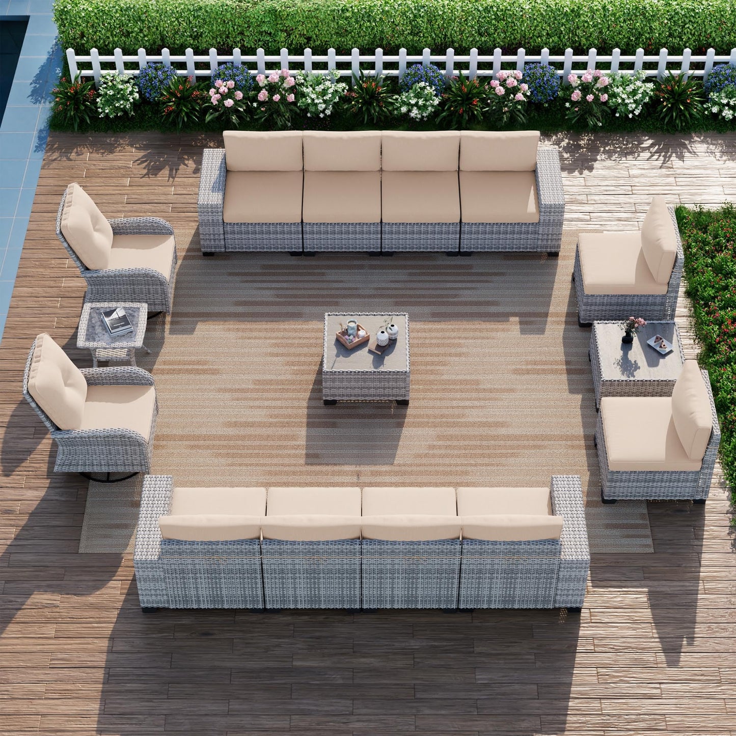 6-Piece Outdoor Patio Furniture Set Wicker Sectional Sofa Set, Patio Conversation Set with Thickened Cushions & Coffee Table for Garden, Backyard, Poolside, Beige