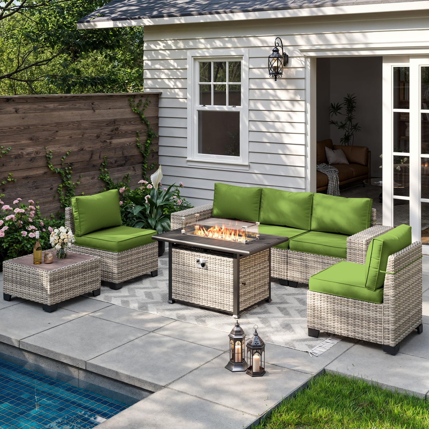 6-Piece Outdoor Patio Furniture Set Wicker Sectional Sofa Set, Patio Conversation Set with Thickened Cushions & Coffee Table for Garden, Backyard, Poolside, Beige