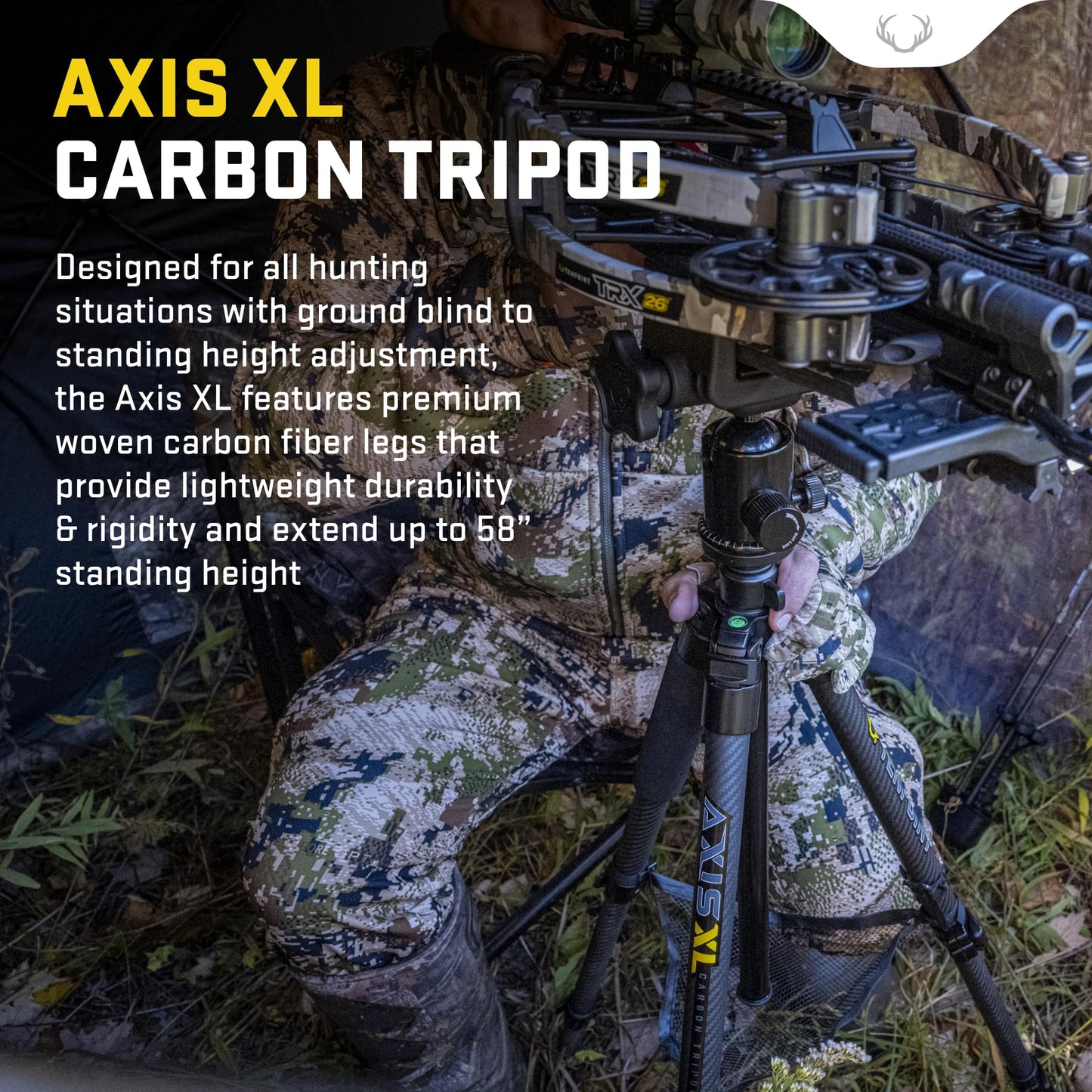 Axis Tripod - Shooting Stability Specifically Designed for Blind Hunting - Extends from 25” to 40” - Lightweight, Compact Design - Includes Two Built-in Levels & Carry Bag