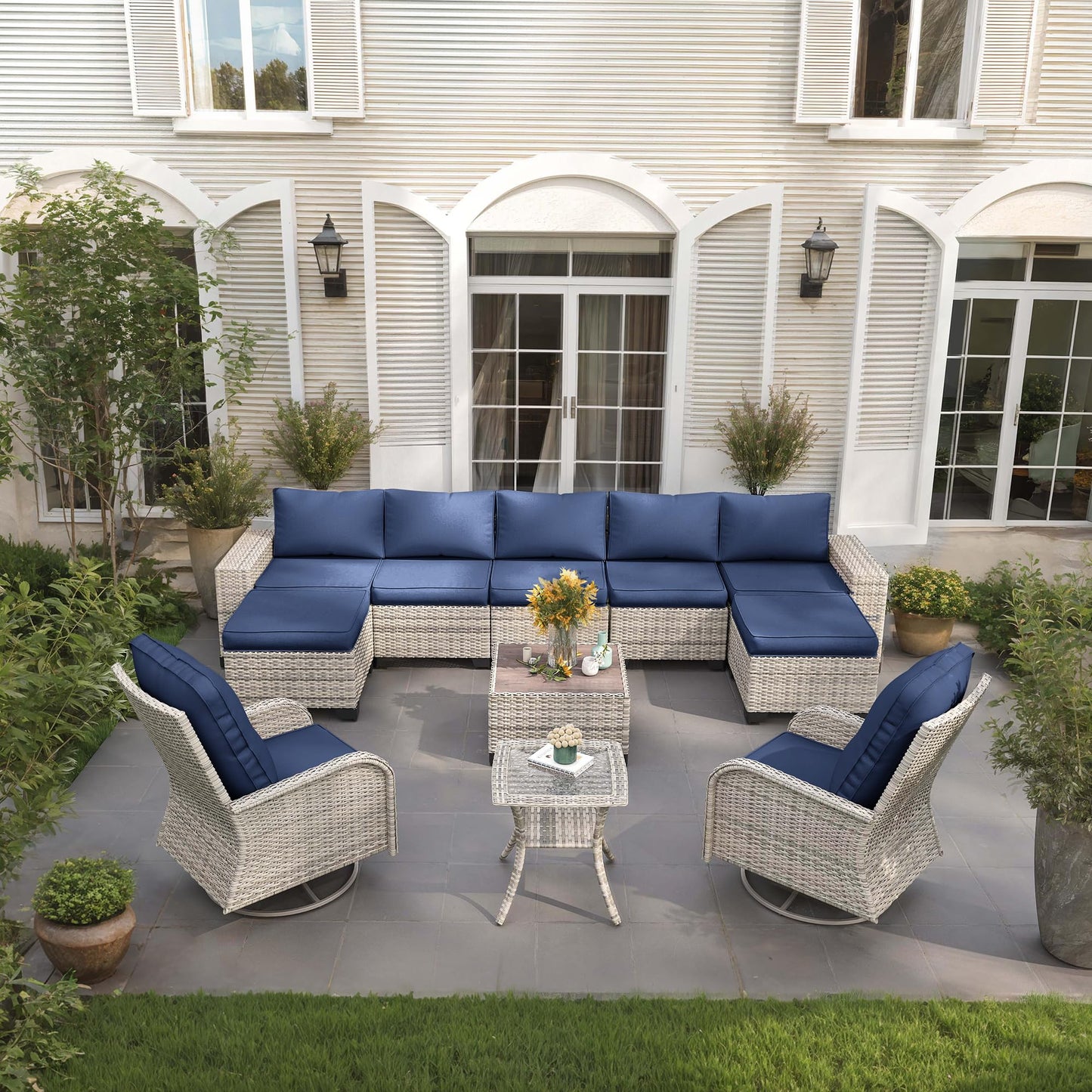 6-Piece Outdoor Patio Furniture Set Wicker Sectional Sofa Set, Patio Conversation Set with Thickened Cushions & Coffee Table for Garden, Backyard, Poolside, Beige