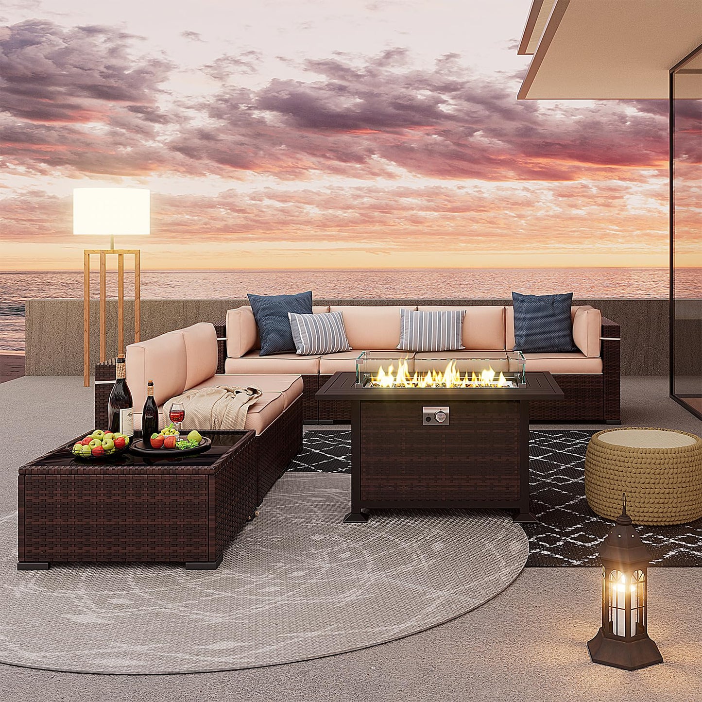Amopatio Patio Furniture Sets, 7 Pieces Outdoor Rattan Sectional Sofa Set with Glass Table and Cushions, Wicker Patio Conversation Set for Outdoor Indoor Backyard Lawn Garden Porch (Grey)