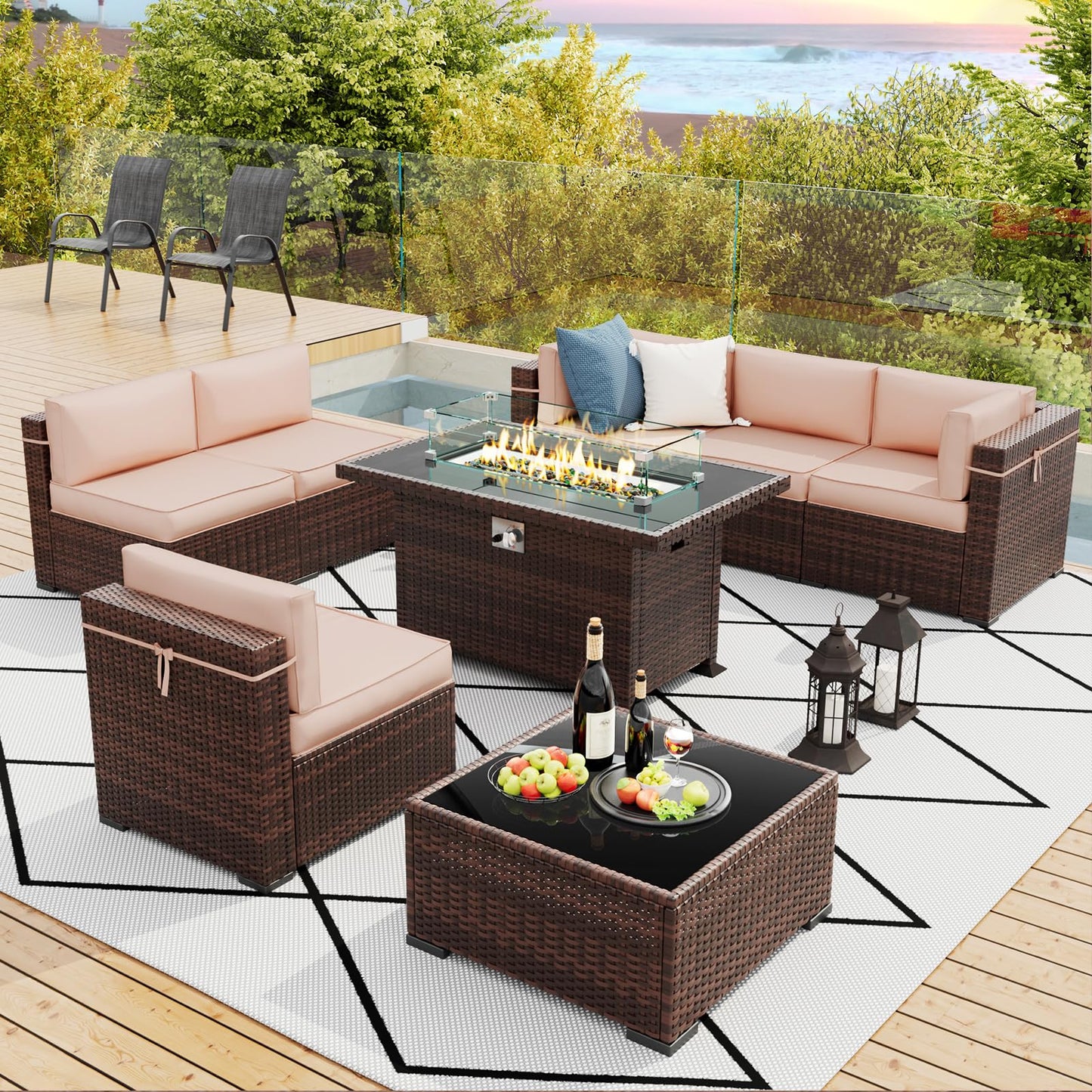 Amopatio Patio Furniture Sets, 7 Pieces Outdoor Rattan Sectional Sofa Set with Glass Table and Cushions, Wicker Patio Conversation Set for Outdoor Indoor Backyard Lawn Garden Porch (Grey)