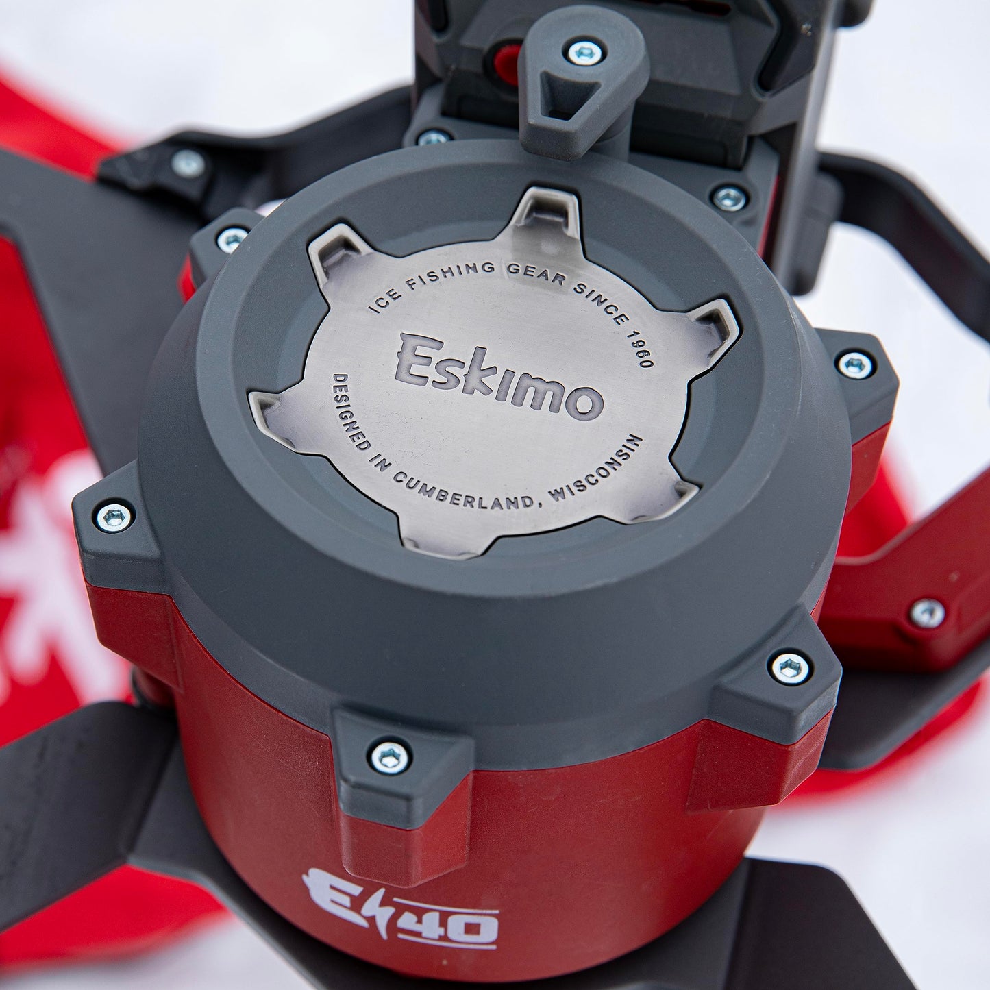 Eskimo E40 Electric Ice Fishing Auger, Full Power 40v Lithium-ion Battery, Lightweight Powerhead, Turbo Cutting System, Multi-Edge Blades, Red