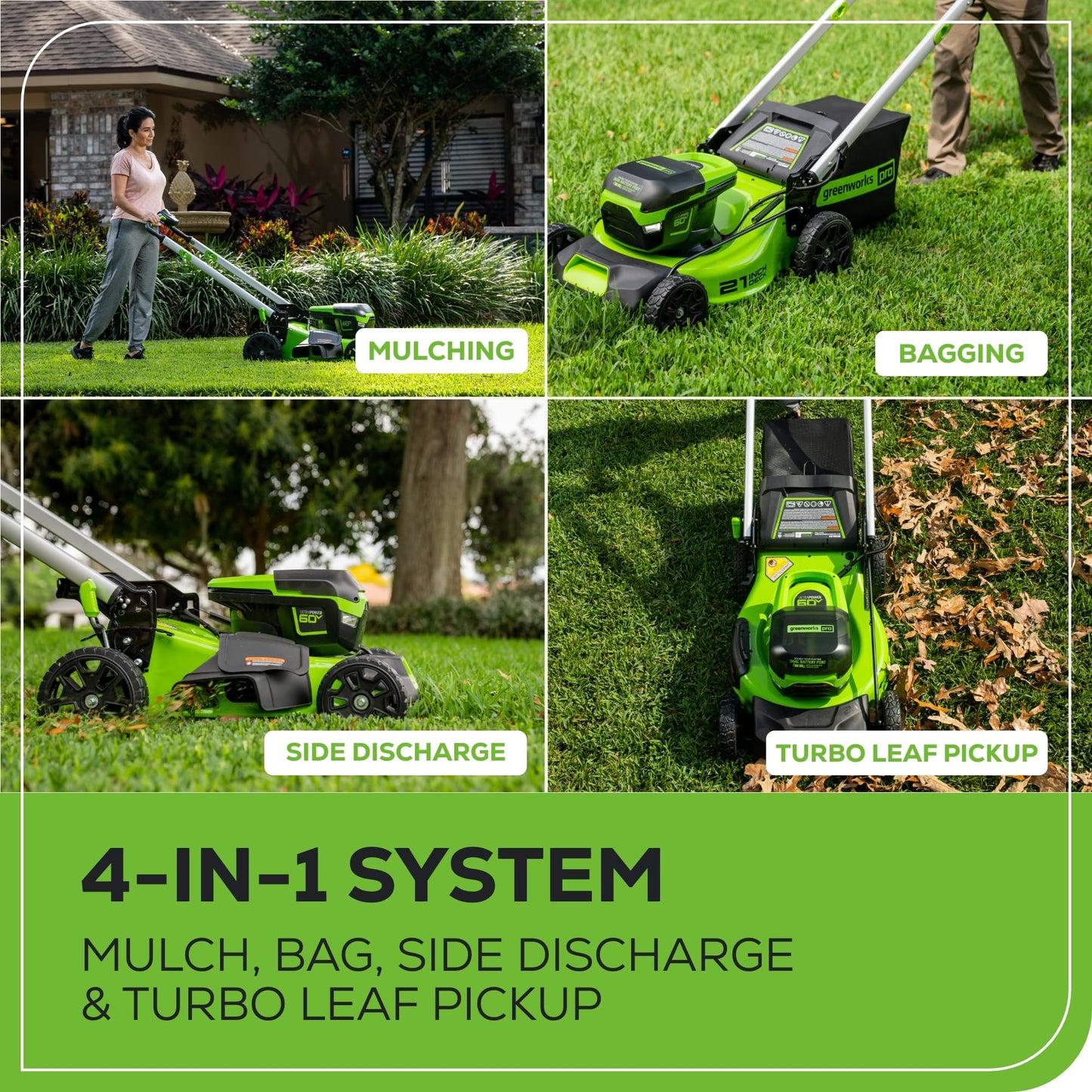 Greenworks 60V 21” Cordless (Push) Lawn Mower (LED Lights + Aluminum Handles), 5.0Ah Battery and Rapid Charger