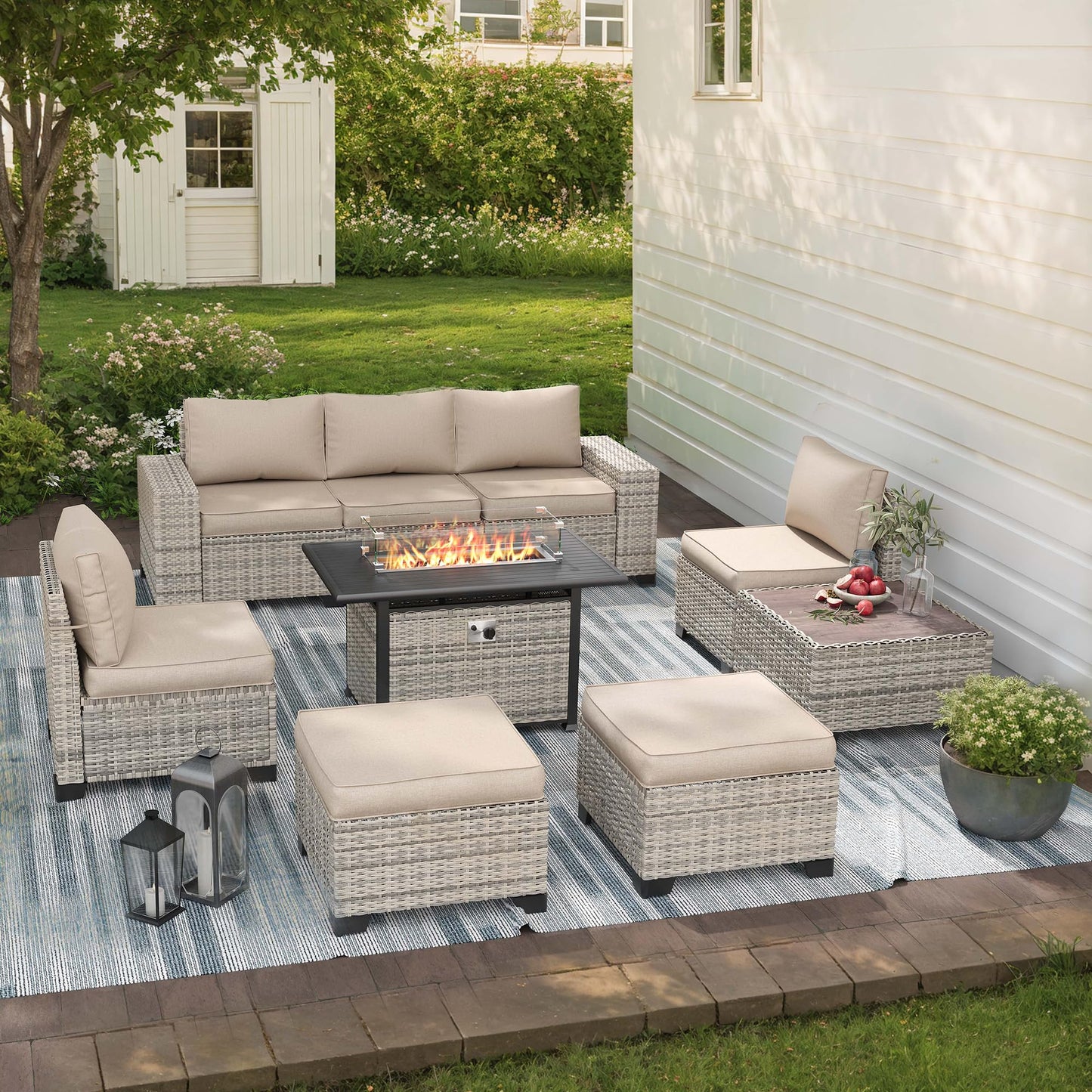 6-Piece Outdoor Patio Furniture Set Wicker Sectional Sofa Set, Patio Conversation Set with Thickened Cushions & Coffee Table for Garden, Backyard, Poolside, Beige