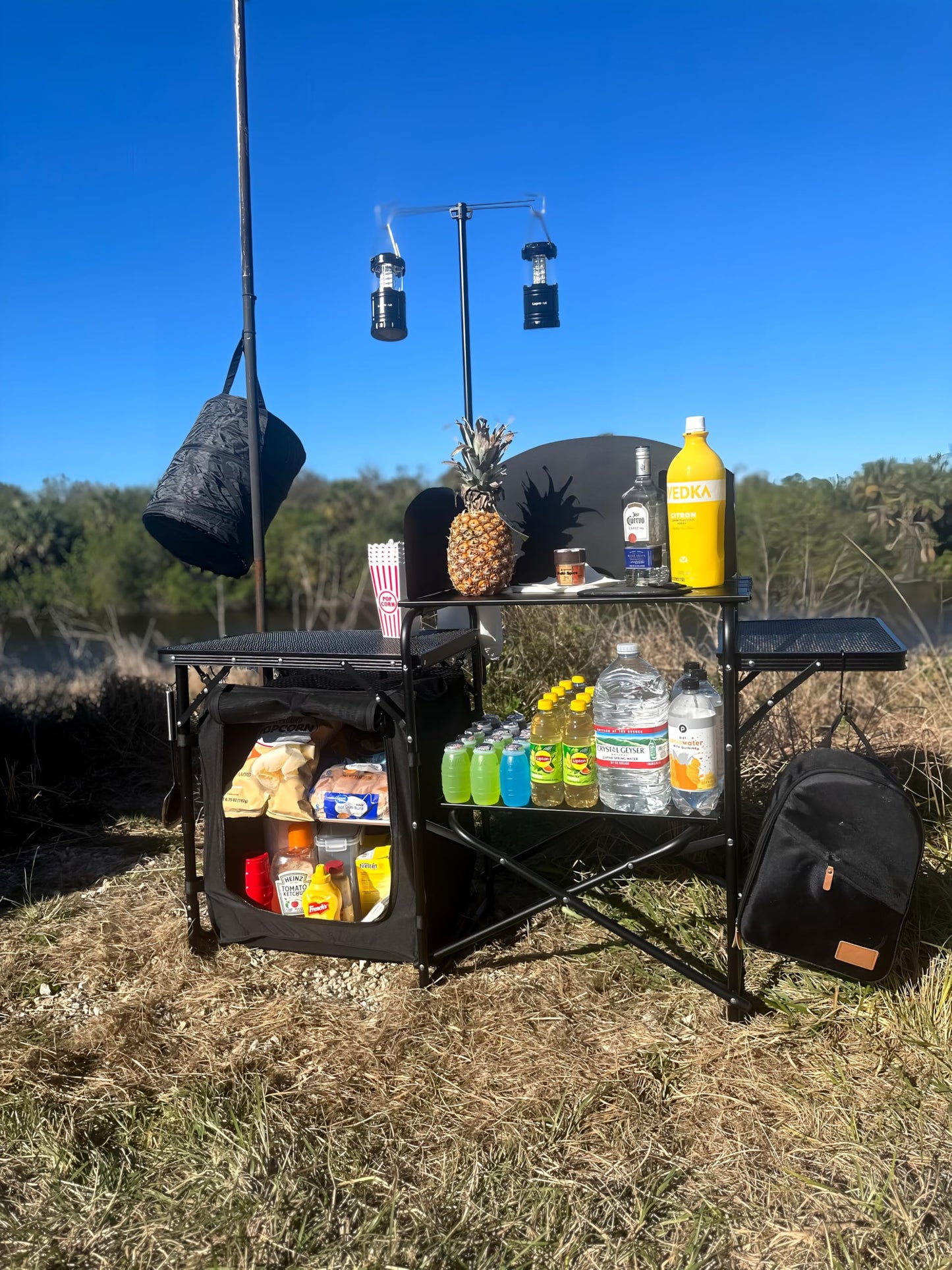 Nice C Camping Kitchen Station, Camping Table, Picnic Table, Grill Table, Folding Table, Upgrade Light Stand and Windshield Cooking Station & Organizers, Carry Bag for Beach, Picnic (Black)