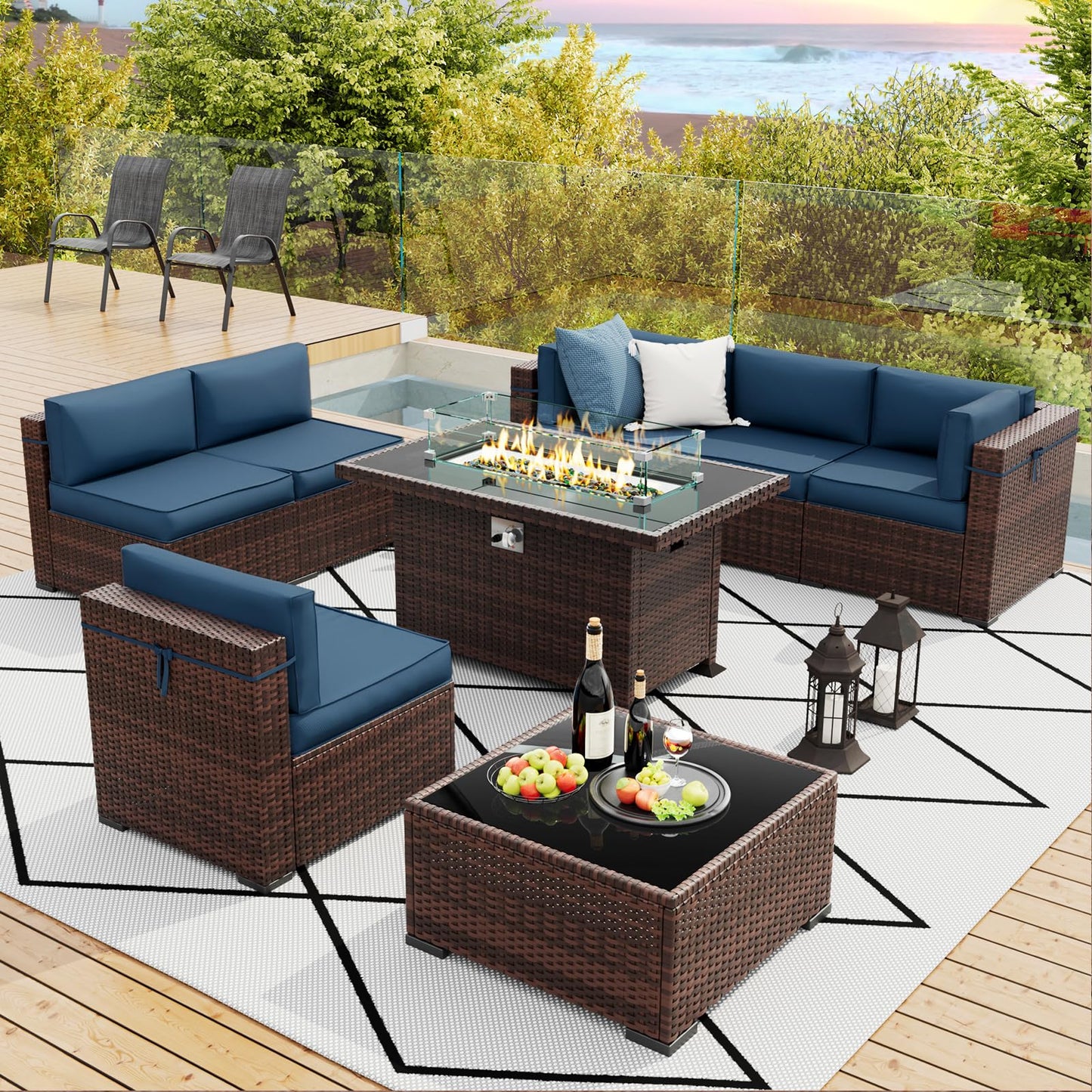 Amopatio Patio Furniture Sets, 7 Pieces Outdoor Rattan Sectional Sofa Set with Glass Table and Cushions, Wicker Patio Conversation Set for Outdoor Indoor Backyard Lawn Garden Porch (Grey)