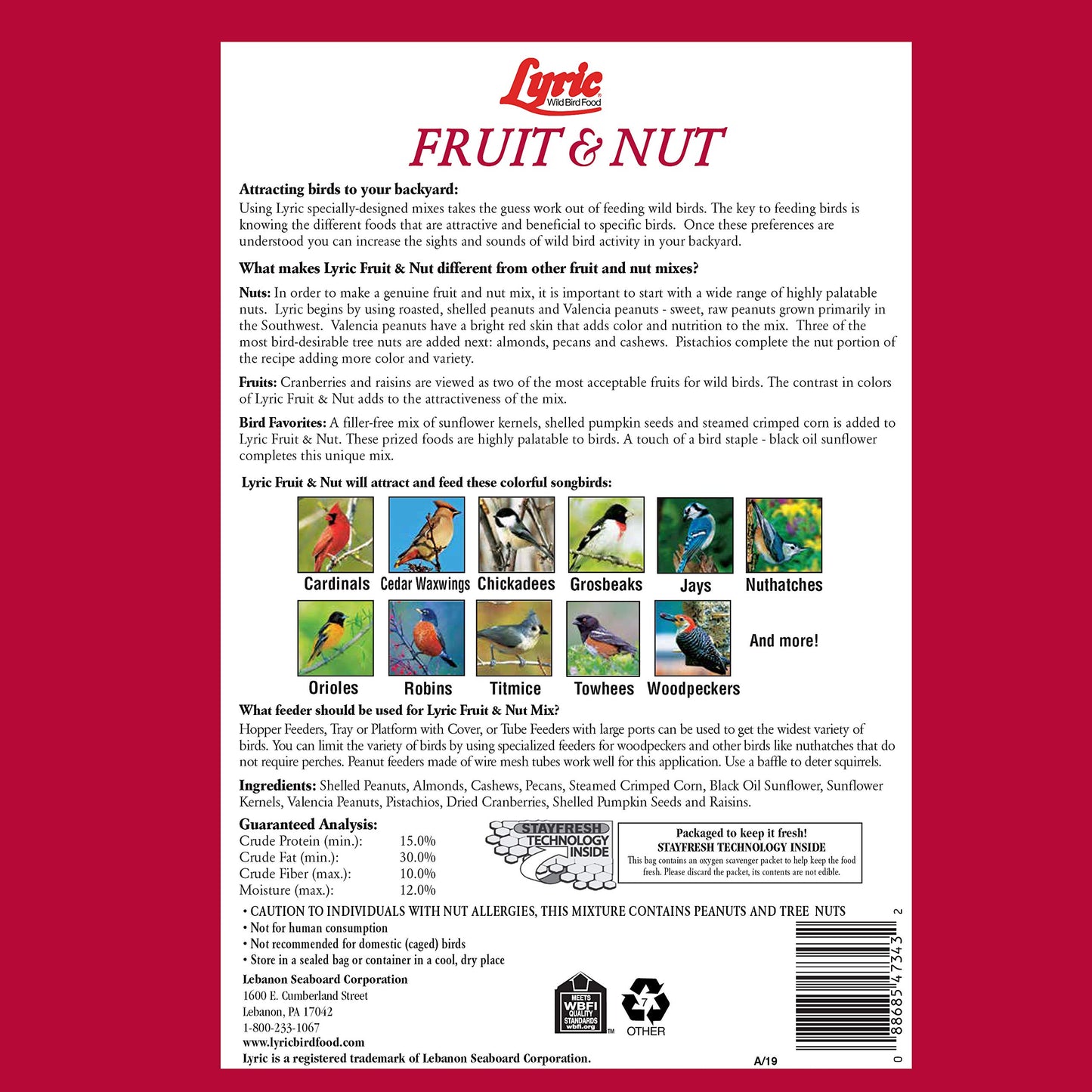 Lyric Fruit and Nut Wild Bird Seed - High Energy Wild Bird Food Mix - Attracts Woodpeckers, Chickadees & Other Songbirds - 20 lb bag