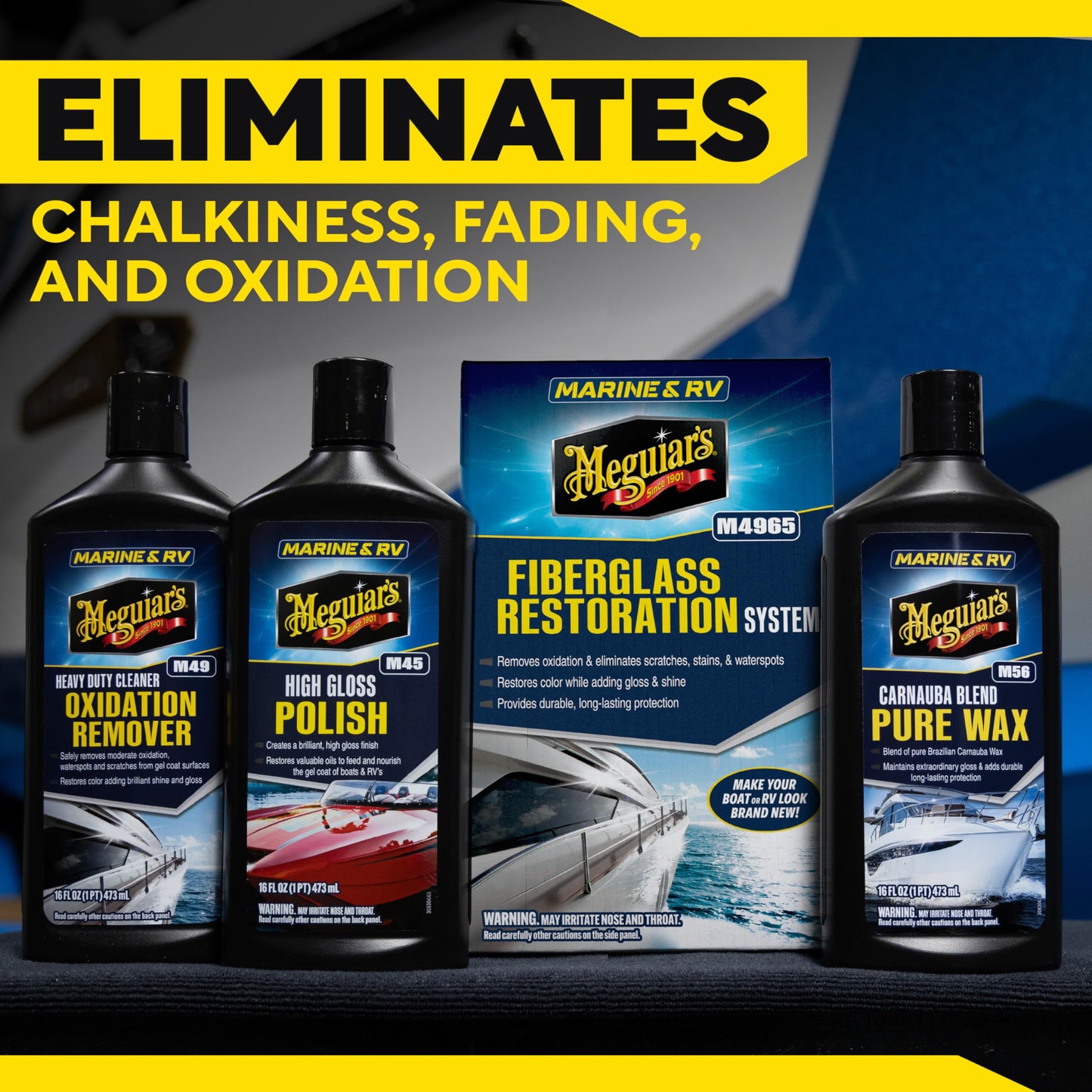 Meguiar’s Marine/RV Fiberglass Restoration System, M4965, 3-Piece Fiberglass Repair Kit with Oxidation Remover, High-Gloss Boat Polish and Wax, Christmas Gift Ideas for Car Dads