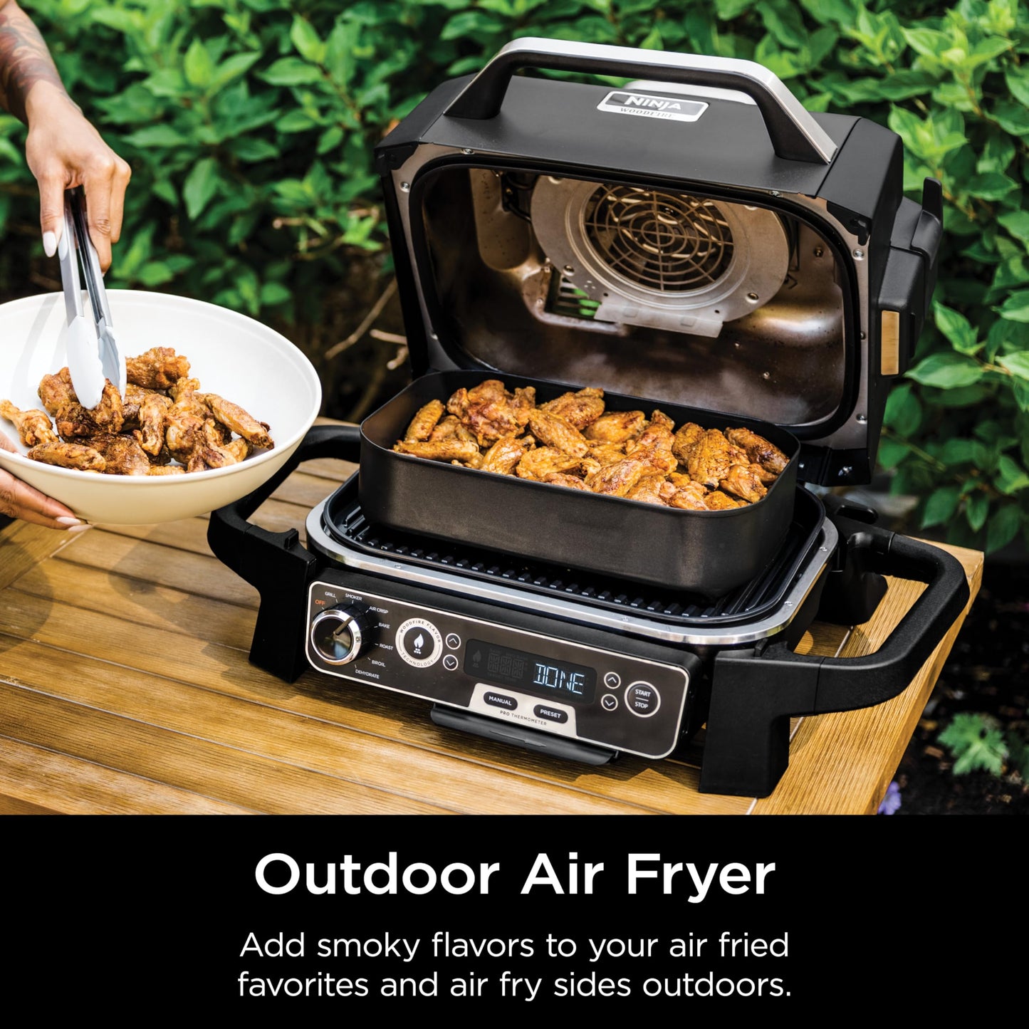 Ninja | Woodfire Series | 7-in-1 (Grill, BBQ, Roast, Air Fry, Dehydrate, Broil, Smoke) | Portable & Weather Resistant | Cook Up To 6 Steaks & 30 Hot Dogs | Woodfire Pellets included | OG701