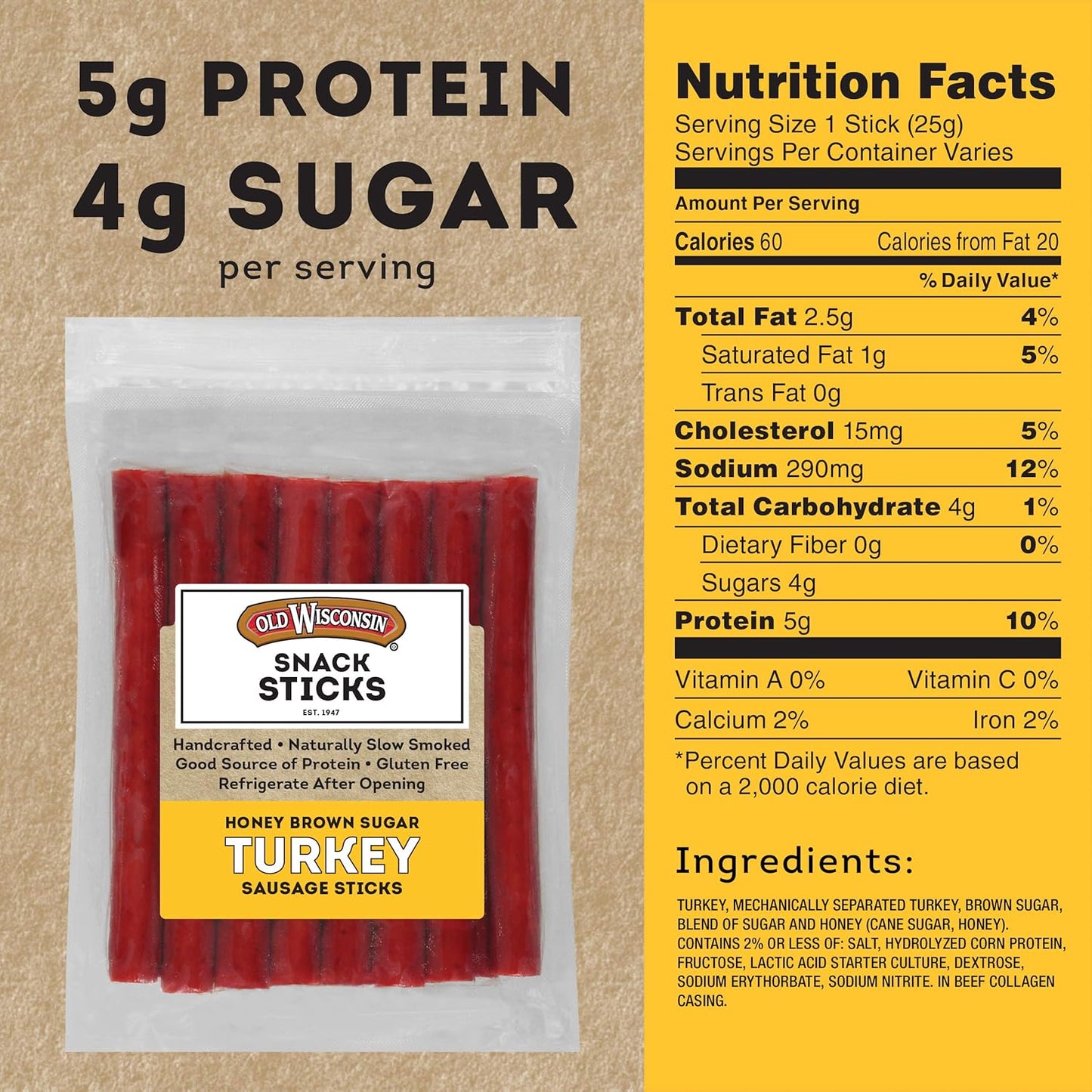 Old Wisconsin Honey Brown Sugar Turkey Sausage Snack Sticks, Naturally Smoked, Ready to Eat, High Protein, Low Carb, Keto, Gluten Free, 16 Ounce Resealable Package, Honey Turkey